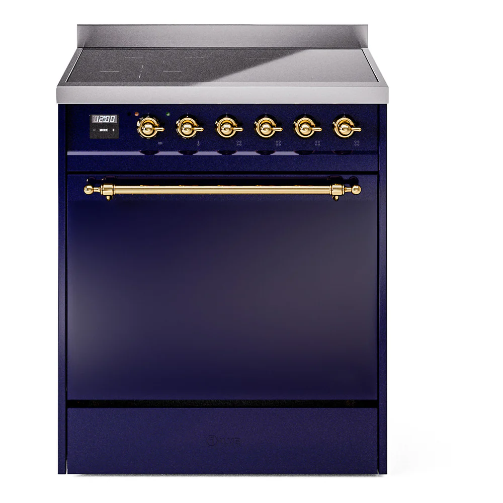 ILVE 30-Inch Nostalgie II Induction Range with Solid Door Oven in Midnight Blue with Brass Trim (UPI304QNMPMBG)