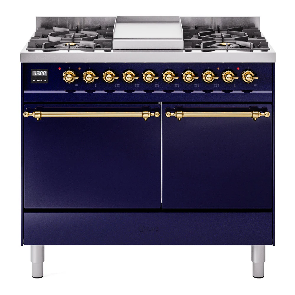 ILVE 40-Inch Nostalgie II Dual Fuel Range with 6 Burners, Griddle and Solid Door Oven in Midnight Blue with Brass Trim (UPD40FQNMPMBG)