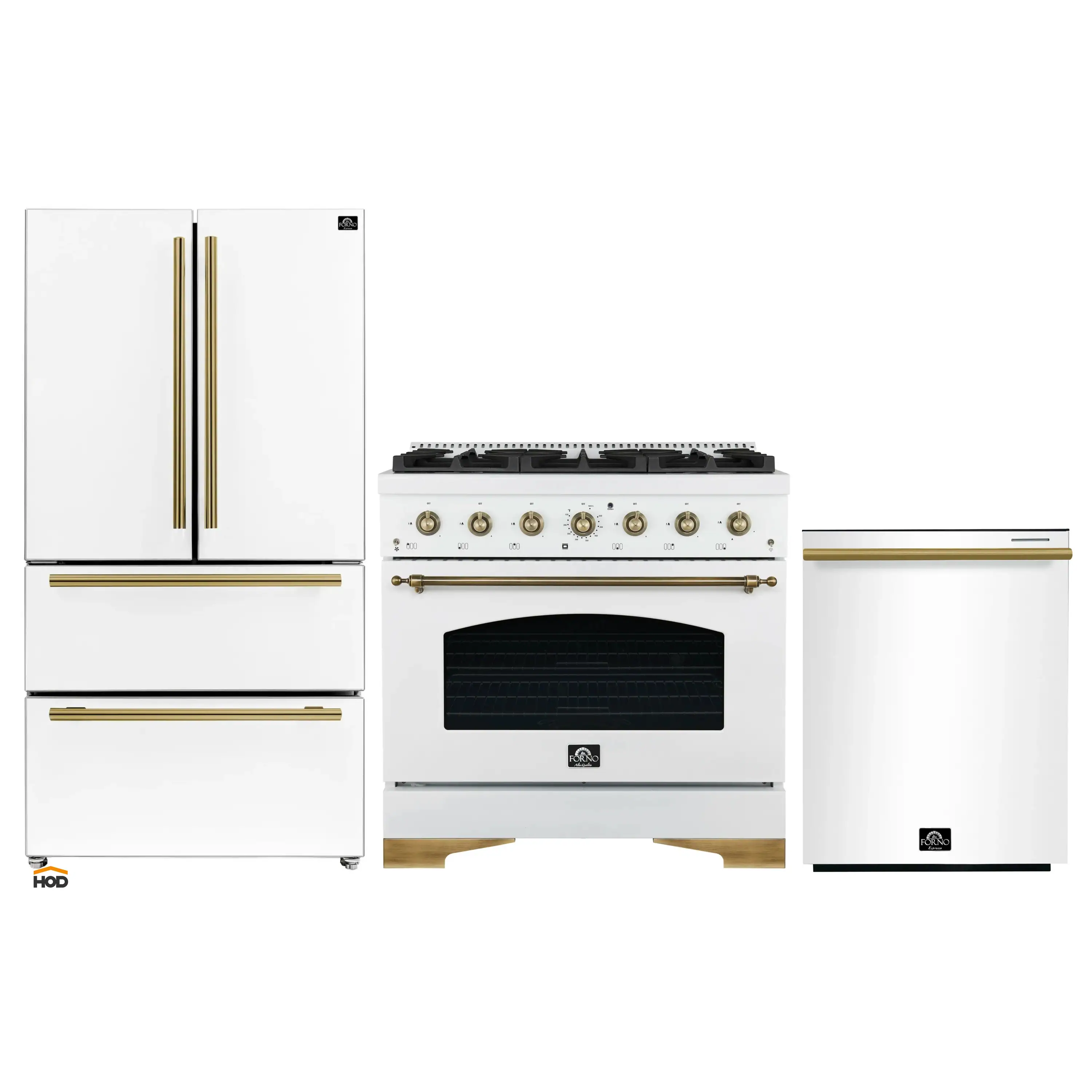 Forno Antico 3-Piece Appliance Package - 36-Inch Gas Range, 36-Inch Refrigerator, & 24-Inch Dishwasher in White with Antique Brass Trim