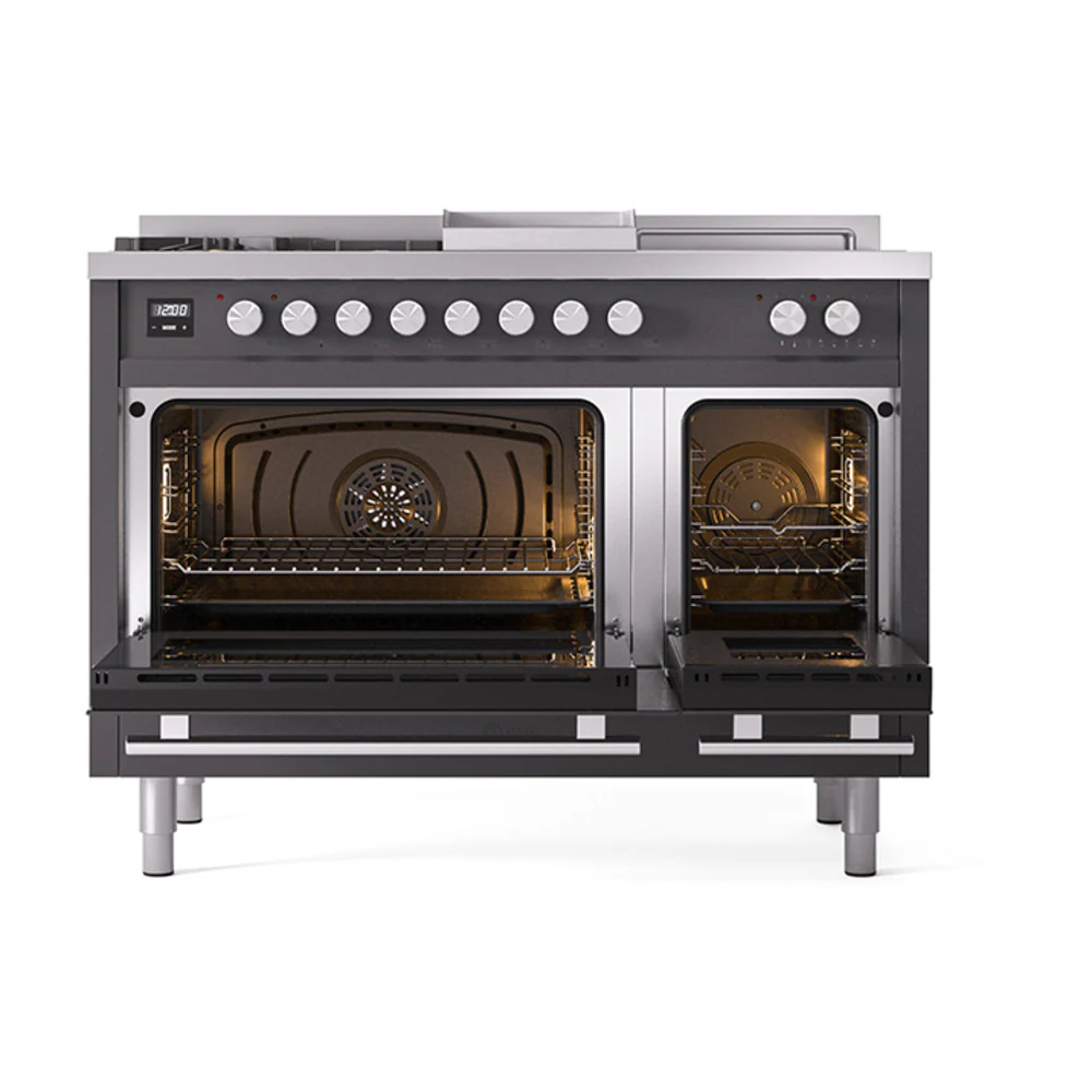 ILVE Professional Plus II 48-inch Dual Fuel Range with 5 Burners, Griddle, & French Top with Solid Door Oven in Matte Graphite (UP48FSQMPMG)
