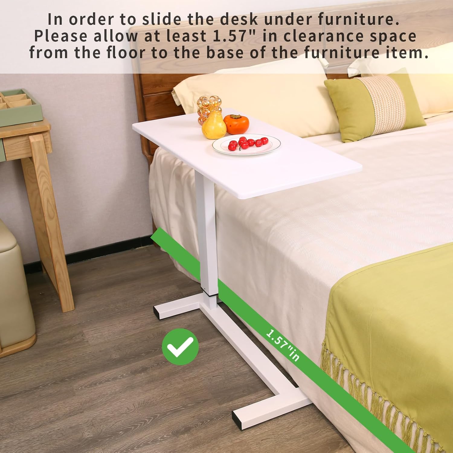 Adjustable Overbed Bedside Table with Swivel Hidden Wheels, Pneumatic Sliding Desk Mobile Desk Workstation for Home and Hospital, Height-Enhanced Version (White)