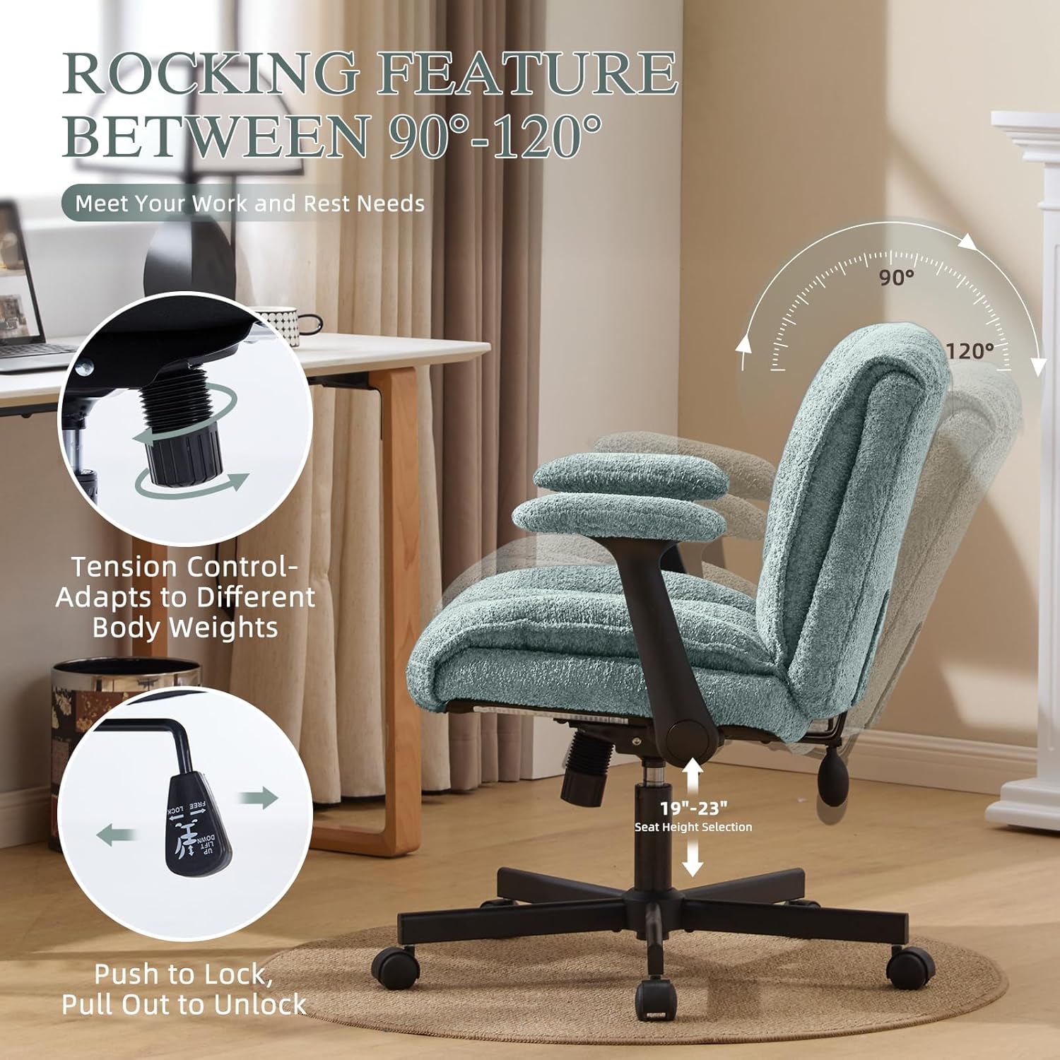 Criss Cross Legged Office Chair with Flip-Up Arms and Wheels, Wide Seat Desk Chair with Built-In Dynamic Airbag Lumbar Support, Modern Cross-Leg Chair for Home Office, Apartment, Vanity, Light Green