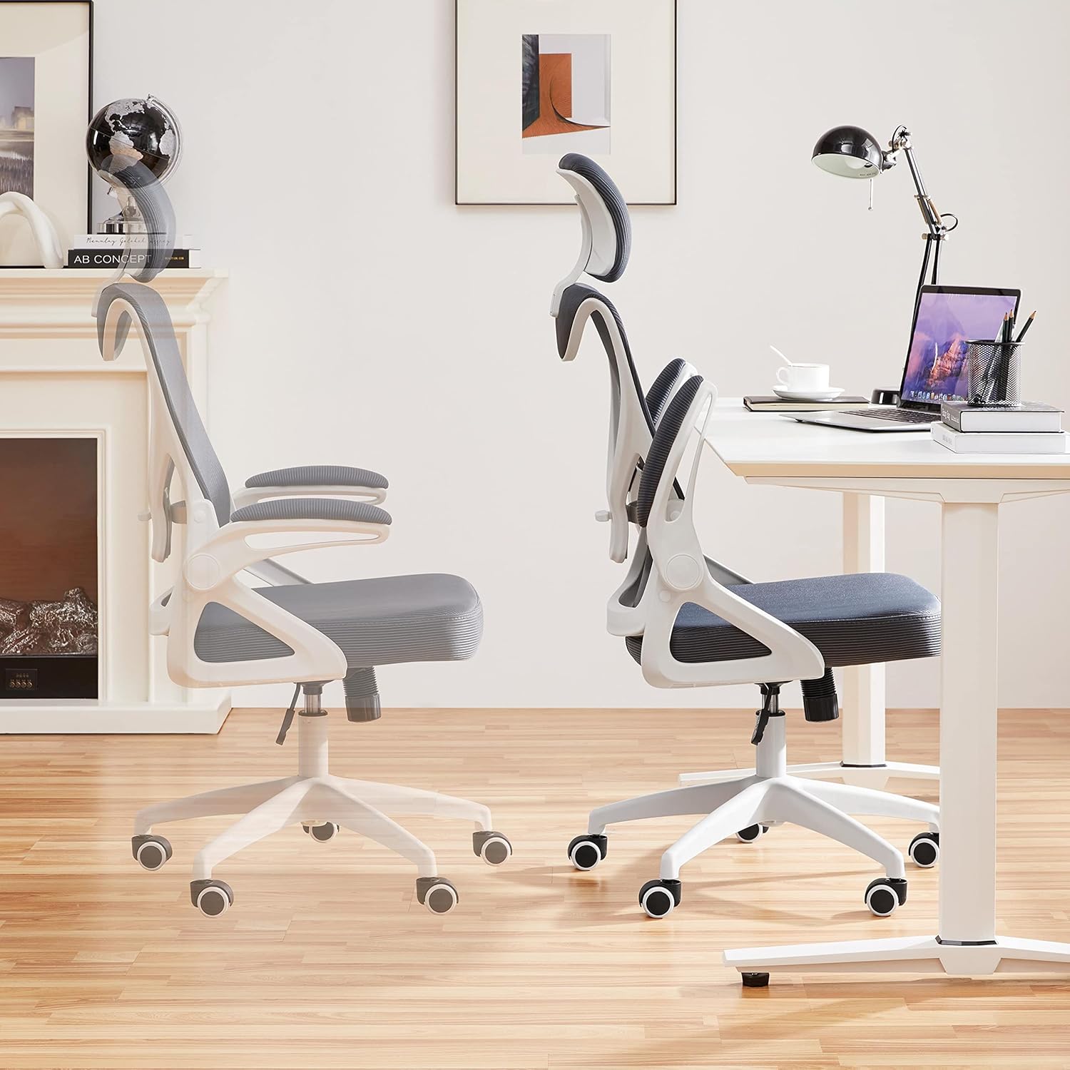 Yaheetech Ergonomic Mesh Office Chair, High Back Desk Chair with flip-up Armrests, Adjustable Padded Headrest Lumbar Support for Home Oiffce Game Room, White/Gray