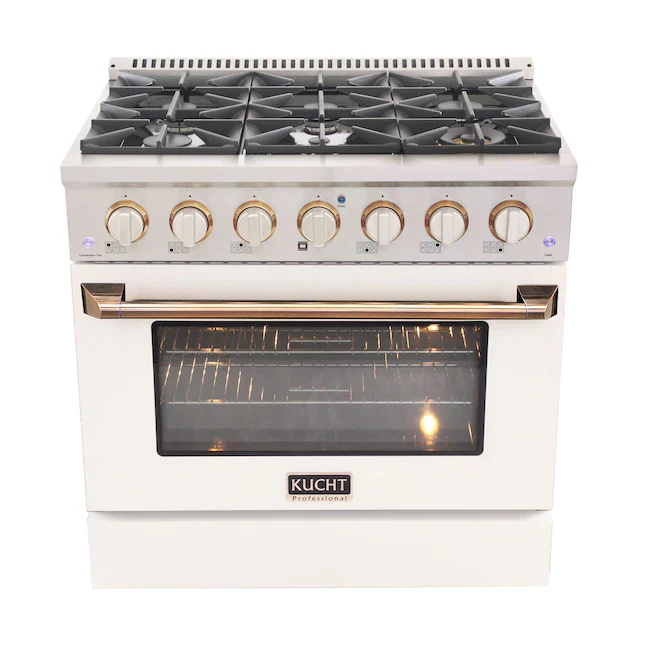 Kucht Signature 36-Inch Gas Range with Convection Oven in White with White Knobs & Gold Handle (KNG361-W-GOLD)