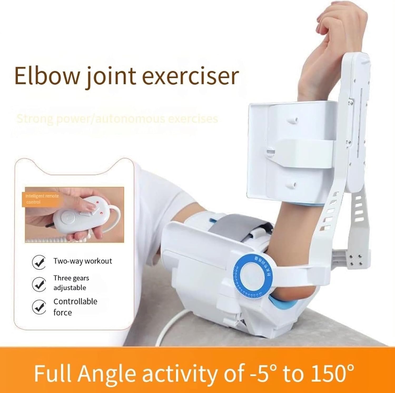 Electric Elbow Joint Rehabilitation Device, Hinged Elbow Brace Arm Exerciser, -5~150°Full-Angle Exercise and Adjustable Speed with Remote