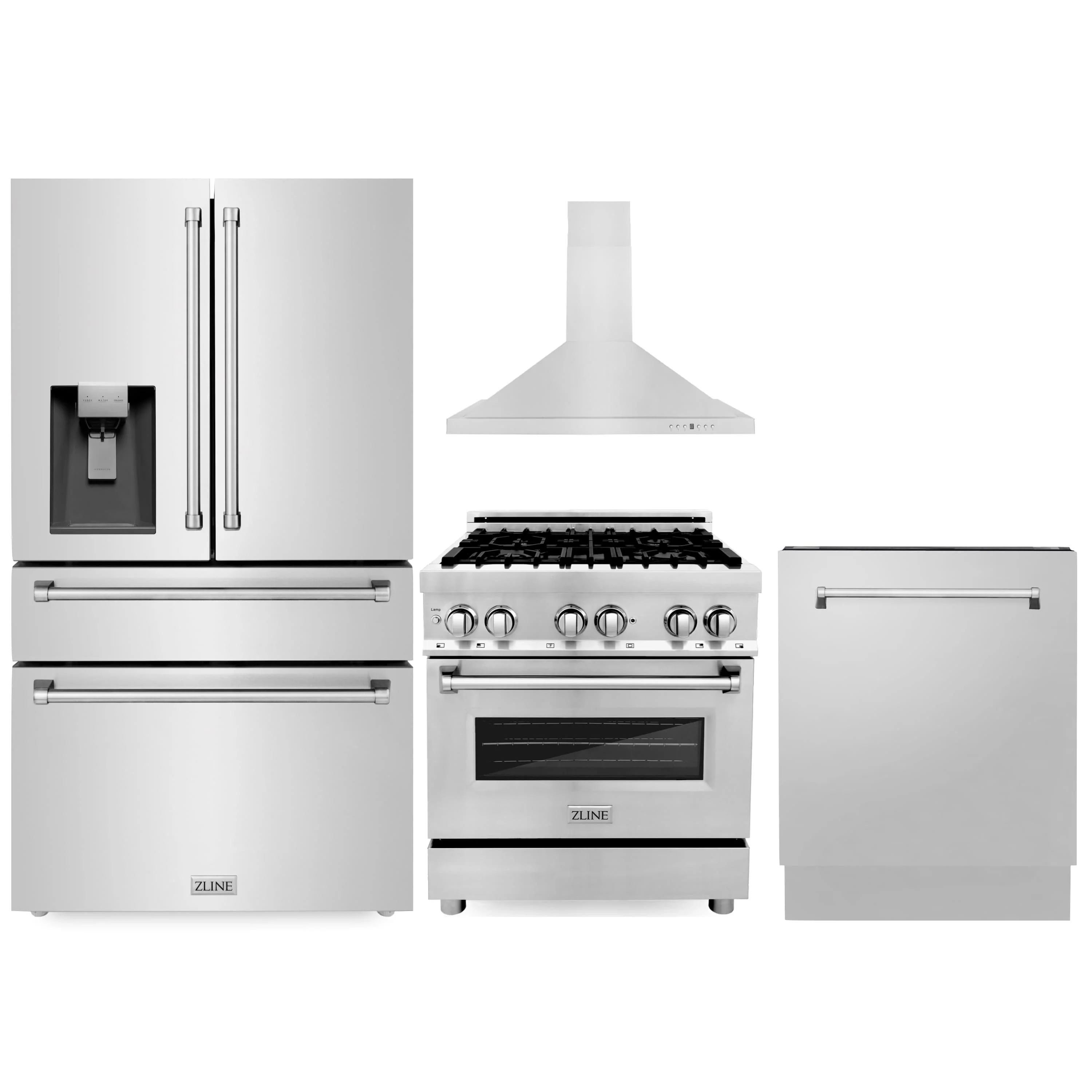 ZLINE 4-Piece Appliance Package - 30-Inch Dual Fuel Range, Refrigerator with Water Dispenser, Convertible Wall Mount Hood, and 3-Rack Dishwasher in Stainless Steel (4KPRW-RARH30-DWV)