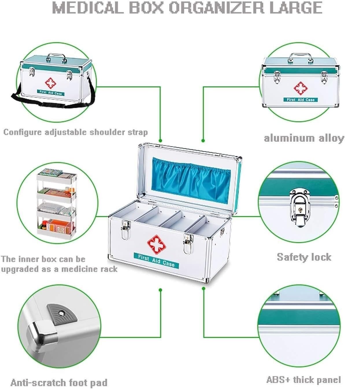 Portable Aluminum Alloy First Aid Box with Lock, 16-Inch Family Medicine Organizer for Home, Travel, Camping, Office & Emergency Use(White)