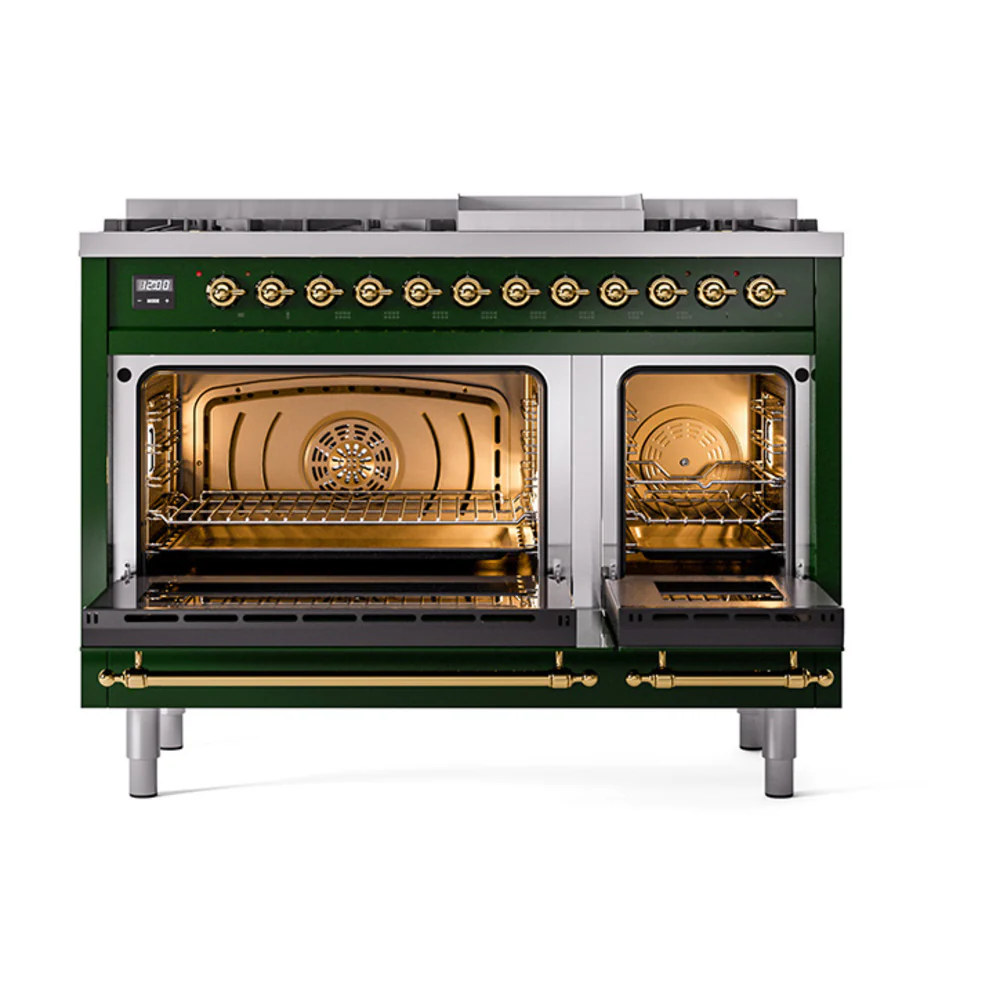 ILVE Nostalgie II Noblesse 48-Inch Dual Fuel Freestanding Range with Solid Door Oven in Emerald Green with Brass Trim (UN48FQNMPEGG)