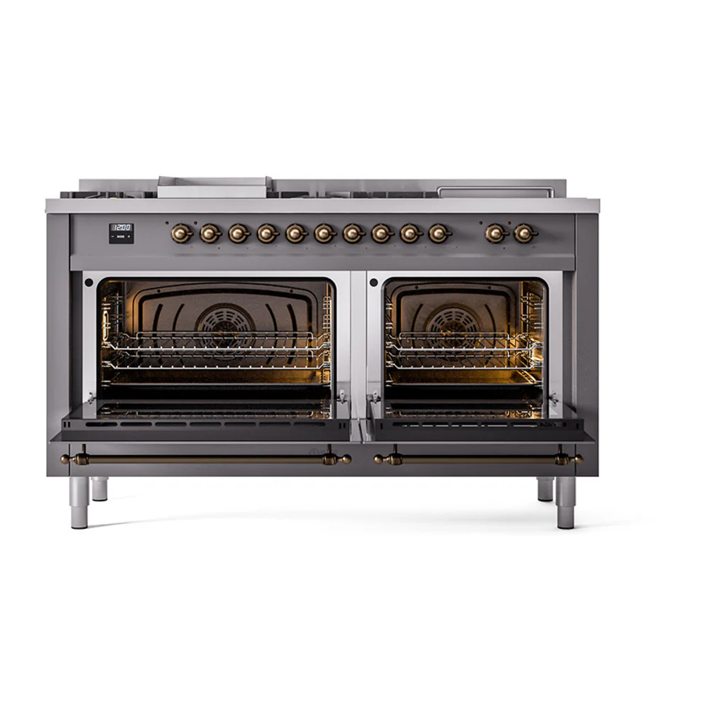 ILVE Nostalgie II 60-Inch Dual Fuel Range with 7 Burners, Griddle, & French Top with Solid Door Oven in Matte Graphite with Bronze Trim (UP60FSQNMPMGB)