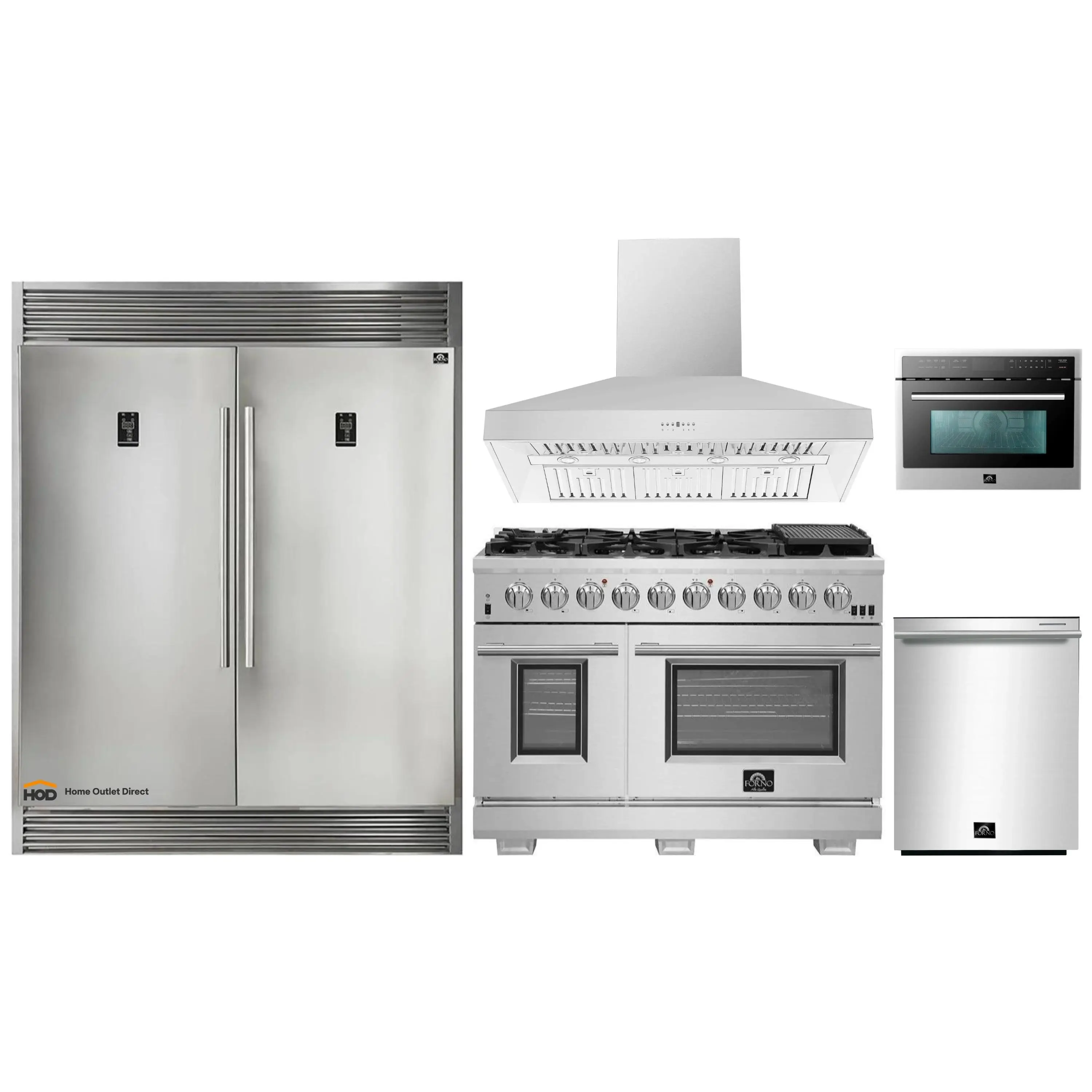 Forno 5-Piece Pro Appliance Package - 48-Inch Gas Range, 60-Inch Pro-Style Refrigerator, Wall Mount Hood, 24-Inch Microwave Oven, & 3-Rack Dishwasher in Stainless Steel