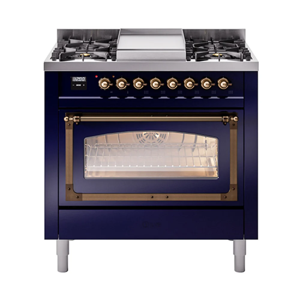 ILVE Nostalgie II Noblesse 36-Inch Dual Fuel Range and Triple Glass Door in Midnight Blue with Bronze Trim (UN36FNMPMBB)