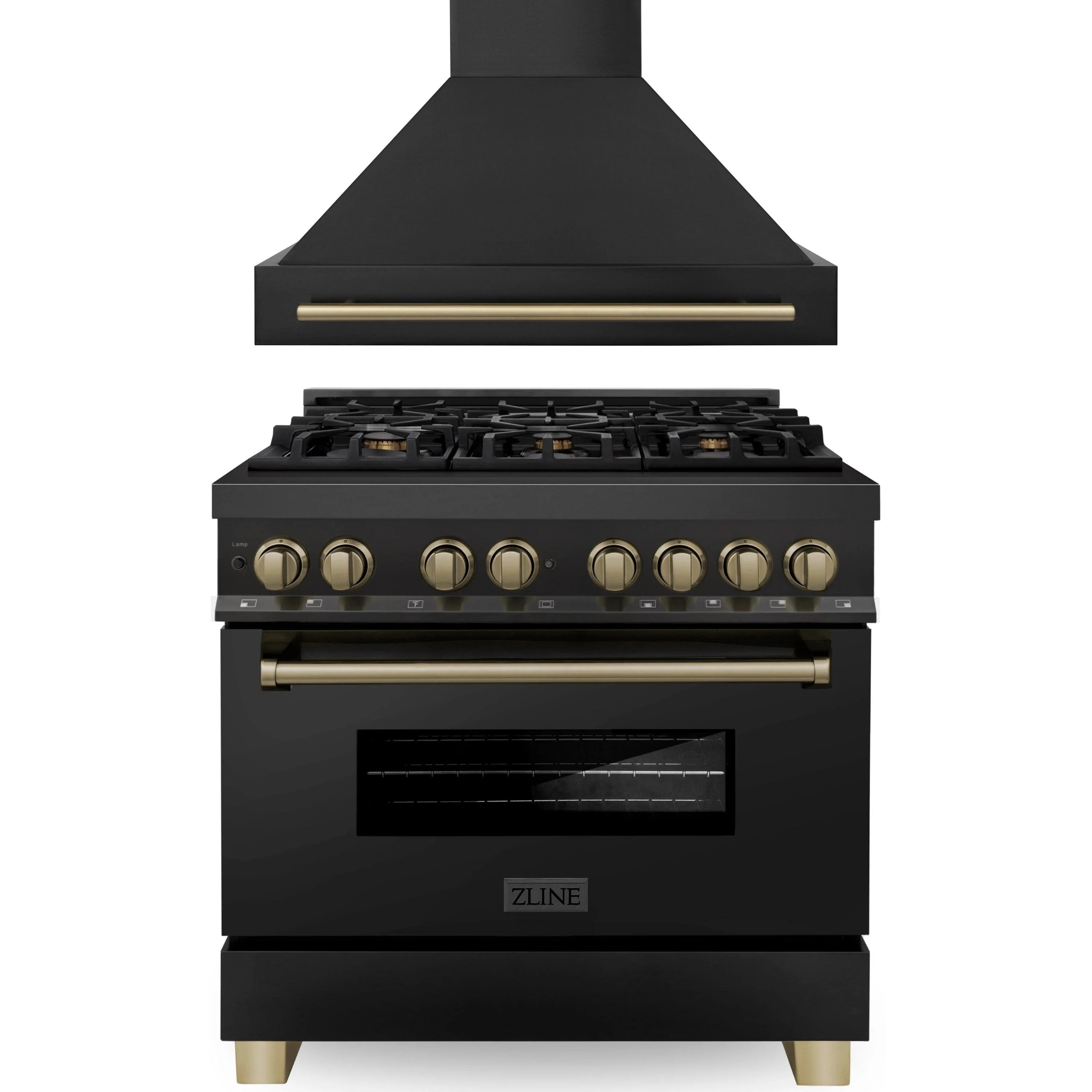 ZLINE Autograph Edition Package - 36-Inch Dual Fuel Range and Range Hood in Black Stainless Steel with Champagne Bronze Trim (2AKP-RABRH36-CB)