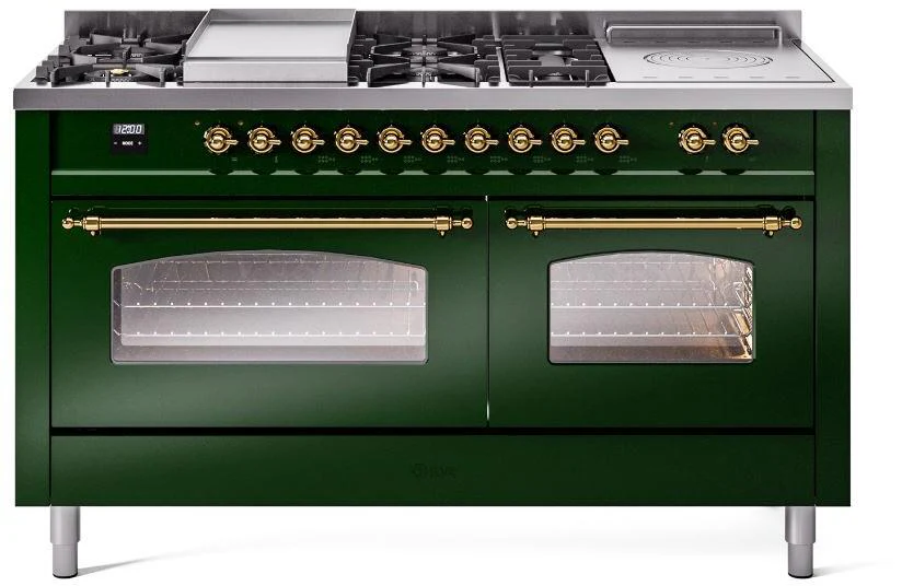 ILVE Nostalgie II 60-Inch Dual Fuel Range with 7 Burners, Griddle, & French Top with Triple Glass Door Oven in Emerald Green with Brass Trim (UP60FSNMPEGG)