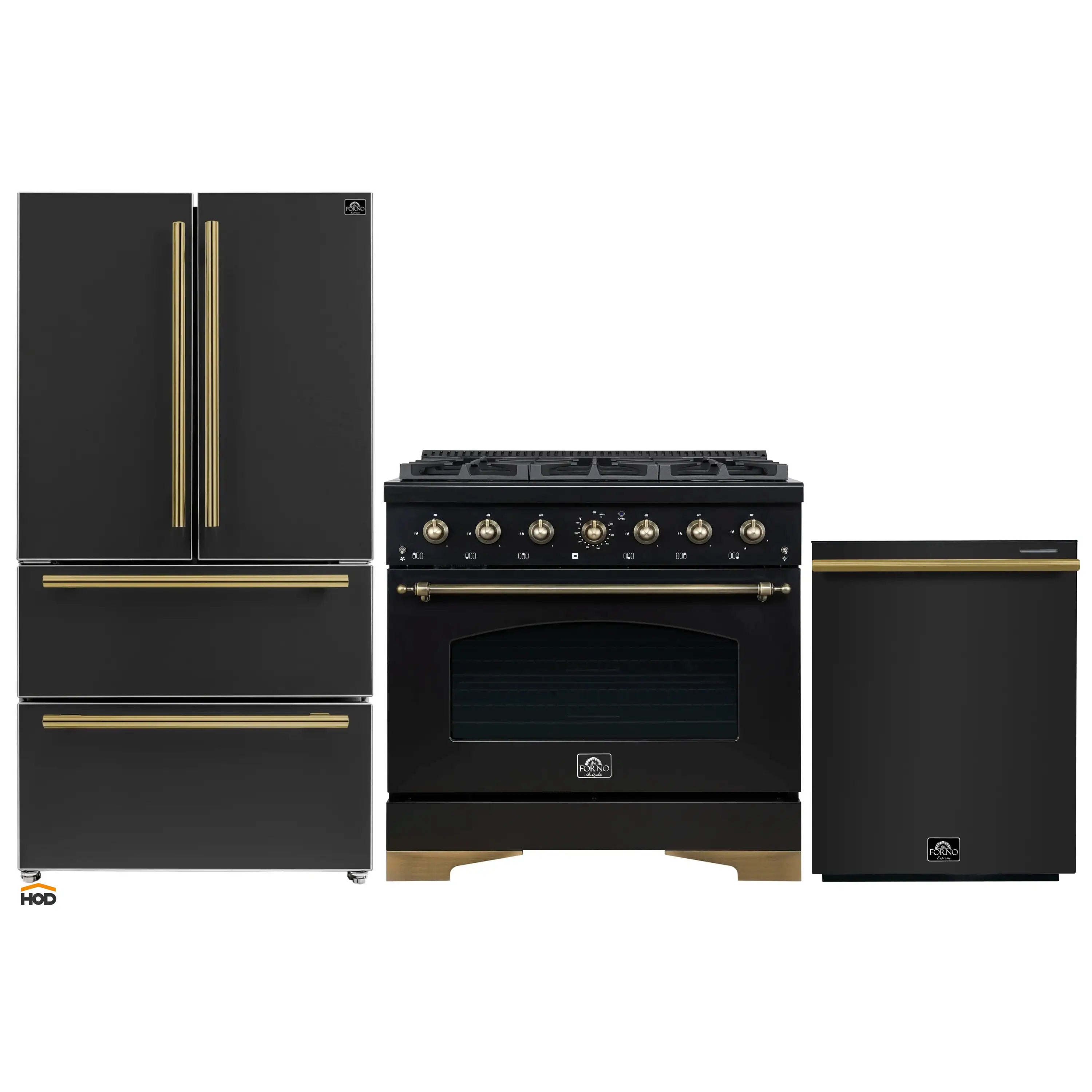 Forno Antico 3-Piece Appliance Package - 36-Inch Gas Range, 36-Inch Refrigerator, & 24-Inch Dishwasher in Black with Antique Brass Trim