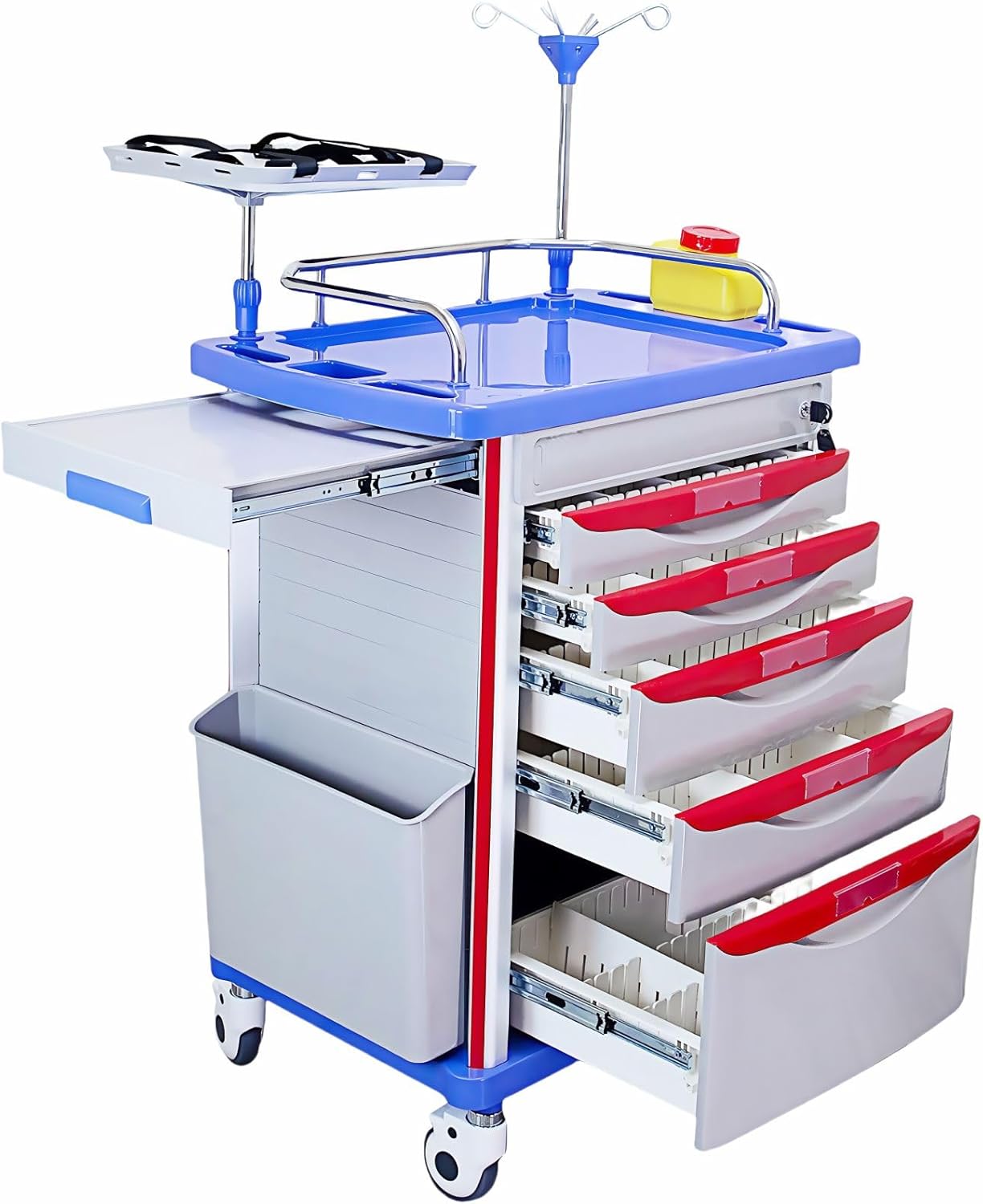 Crash Cart with Accessories - Mobile Emergency Treatment Trolley with IV Pole, Cardiac Board, O₂ Tank Holder, Trash Bin & Drawers for Clinic Nursing Center