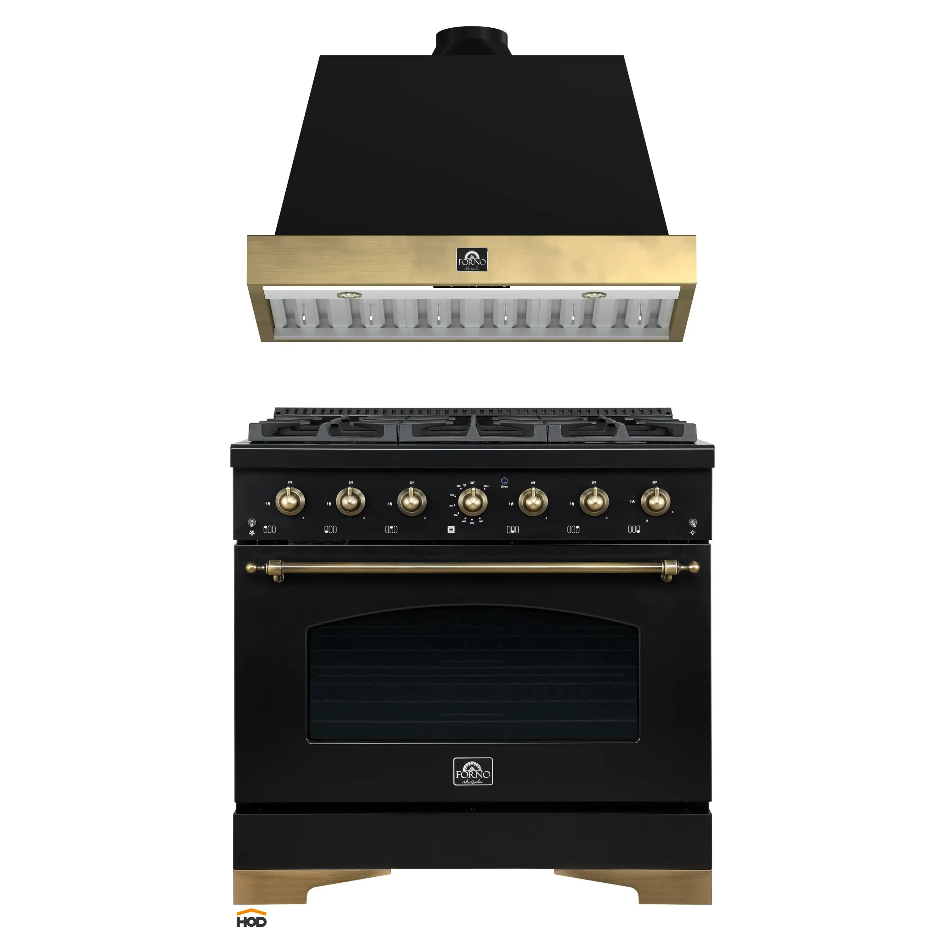 Forno Antico 2-Piece Appliance Package - 36-Inch Dual Fuel Range & 36-Inch Wall Mount Range Hood in Black with Antique Brass Trim