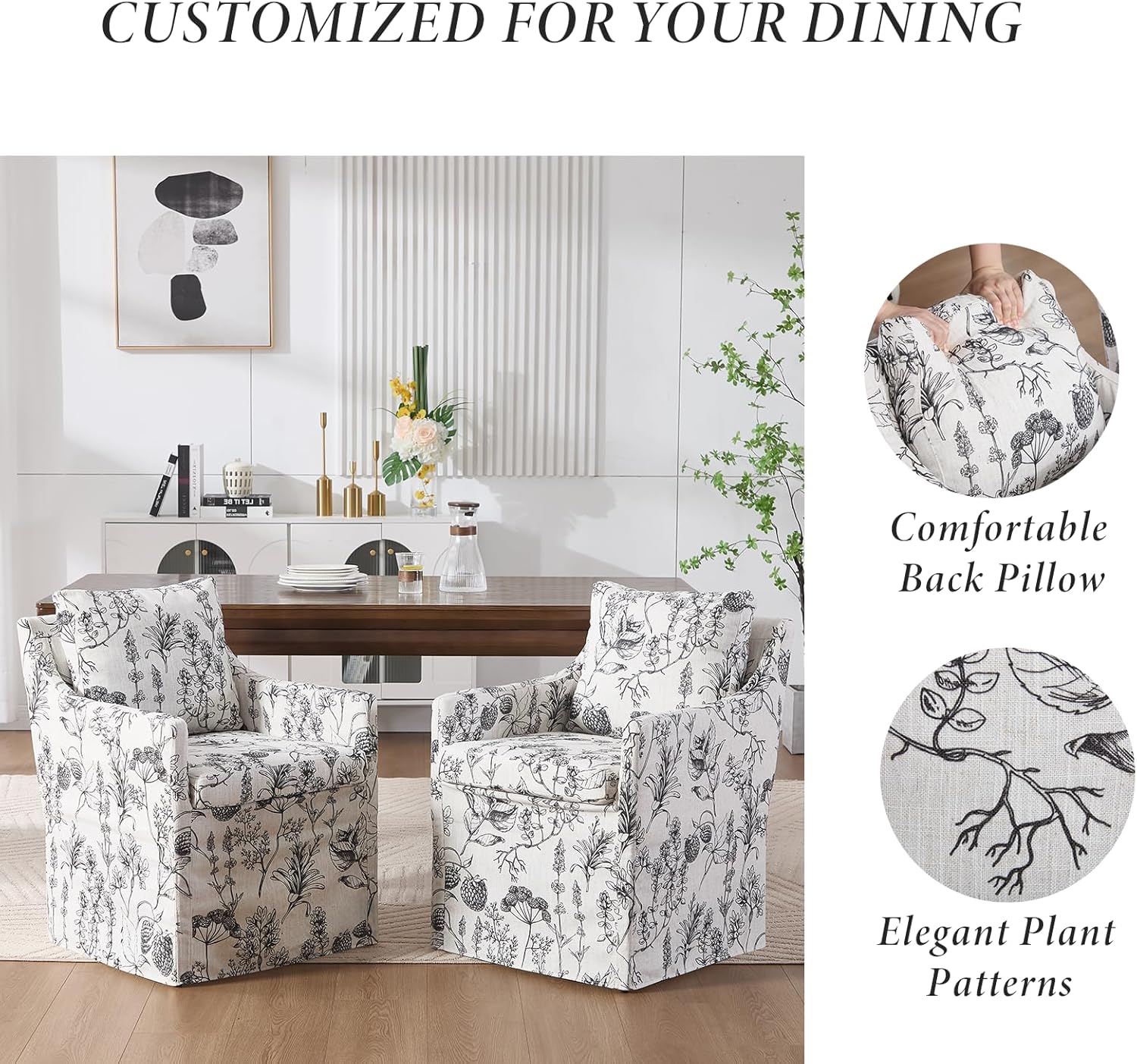 Kmax Slipcovered Dining Chairs Set of 2, Modern Upholstered Barrel Kitchen & Dining Room Chairs with Arms, Accent Single Sofa Chair for Living Dining Room, Floral Pattern