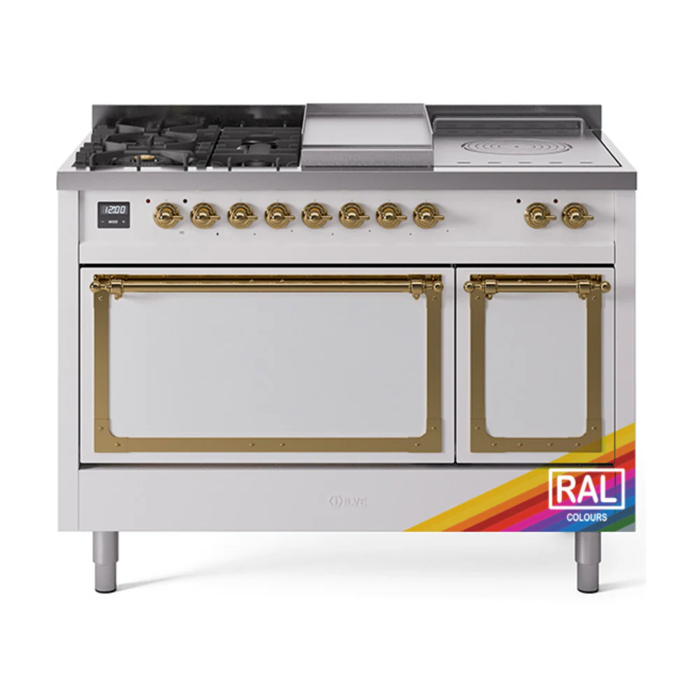 ILVE 48-Inch Nostalgie II Noblesse Dual Fuel Range with 5 Sealed Burners, Griddle, French Top and Solid Door Oven in RAL with Brass Trim (UN48FSQNMPRAG)