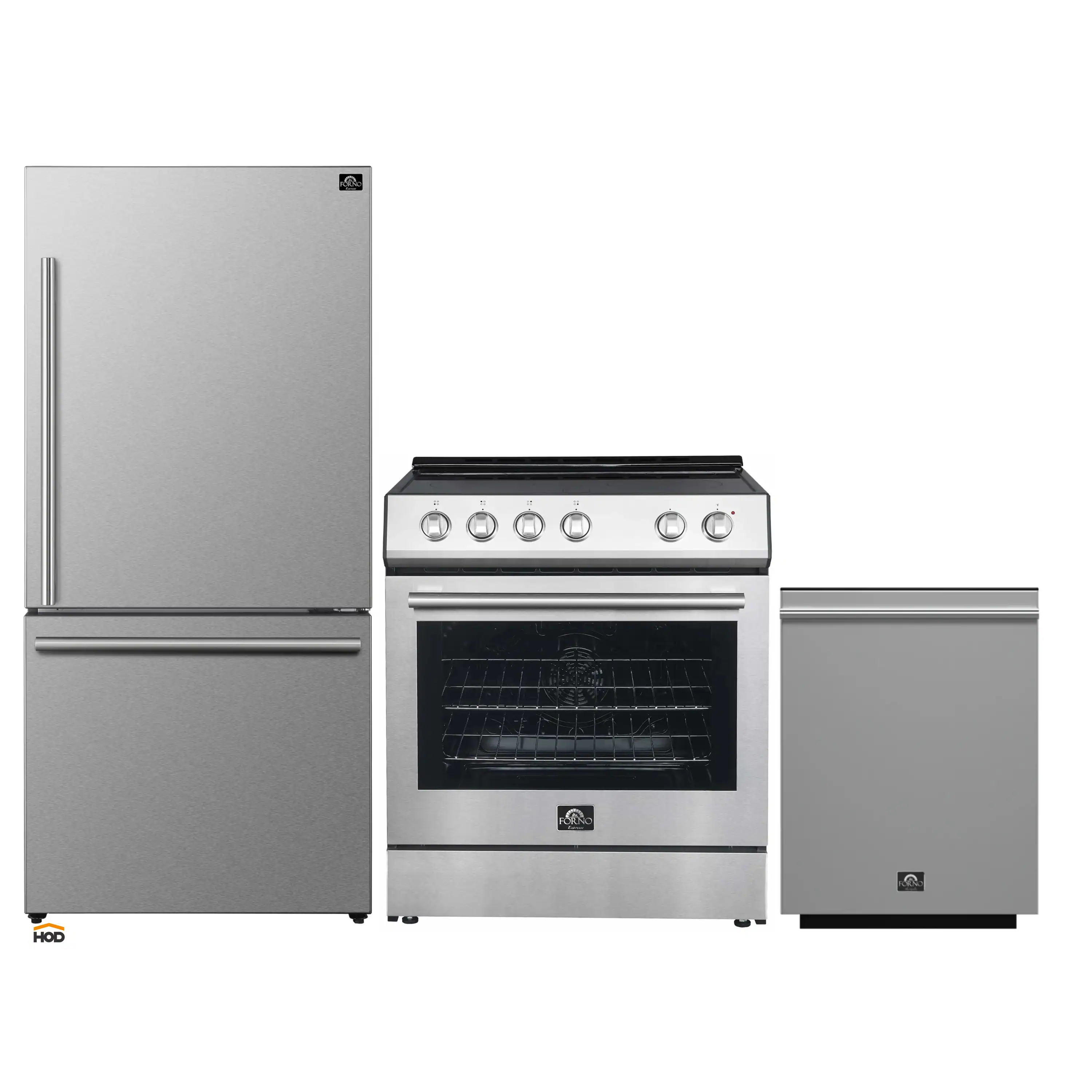 Forno 3-Piece Appliance Package - 30-Inch Leonardo Espresso Electric Range, Refrigerator, & Dishwasher in Stainless Steel (FBDL-007-01US)