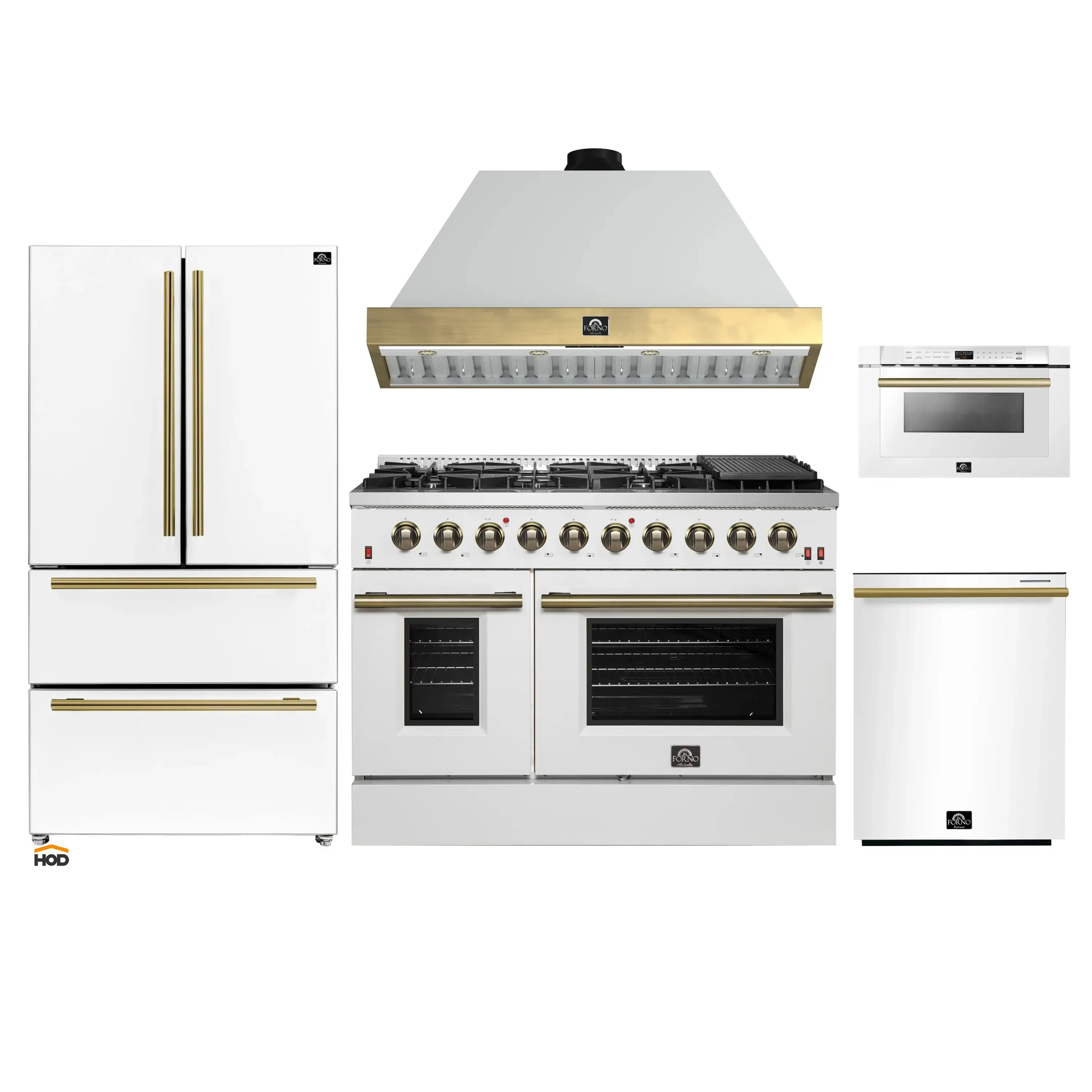 Forno Galiano 5-Piece Appliance Package - 48-Inch Gas Range, 48-Inch Hood, 36-Inch Refrigerator, 24-Inch Dishwasher, & 24-Inch Microwave Drawer in White with Antique Brass Trim