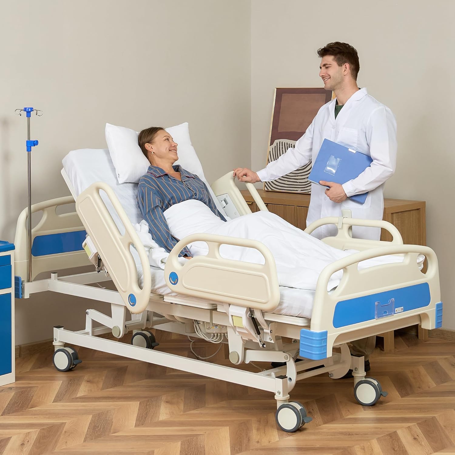 ELENKER Full Electric Hospital Bed for Home Use, ICU Medical Bed, Premium 5 Function Hospital ICU Bed with Remote Control, IV Pole, Mattress, 5-Inch Lockable Quiet Casters, Includes Sheets (2X)