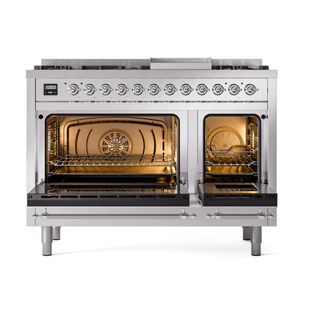 ILVE Nostalgie II Noblesse 48-Inch Dual Fuel Freestanding Range with Solid Door Oven in Stainless Steel with Chrome Trim (UN48FQNMPSSC)