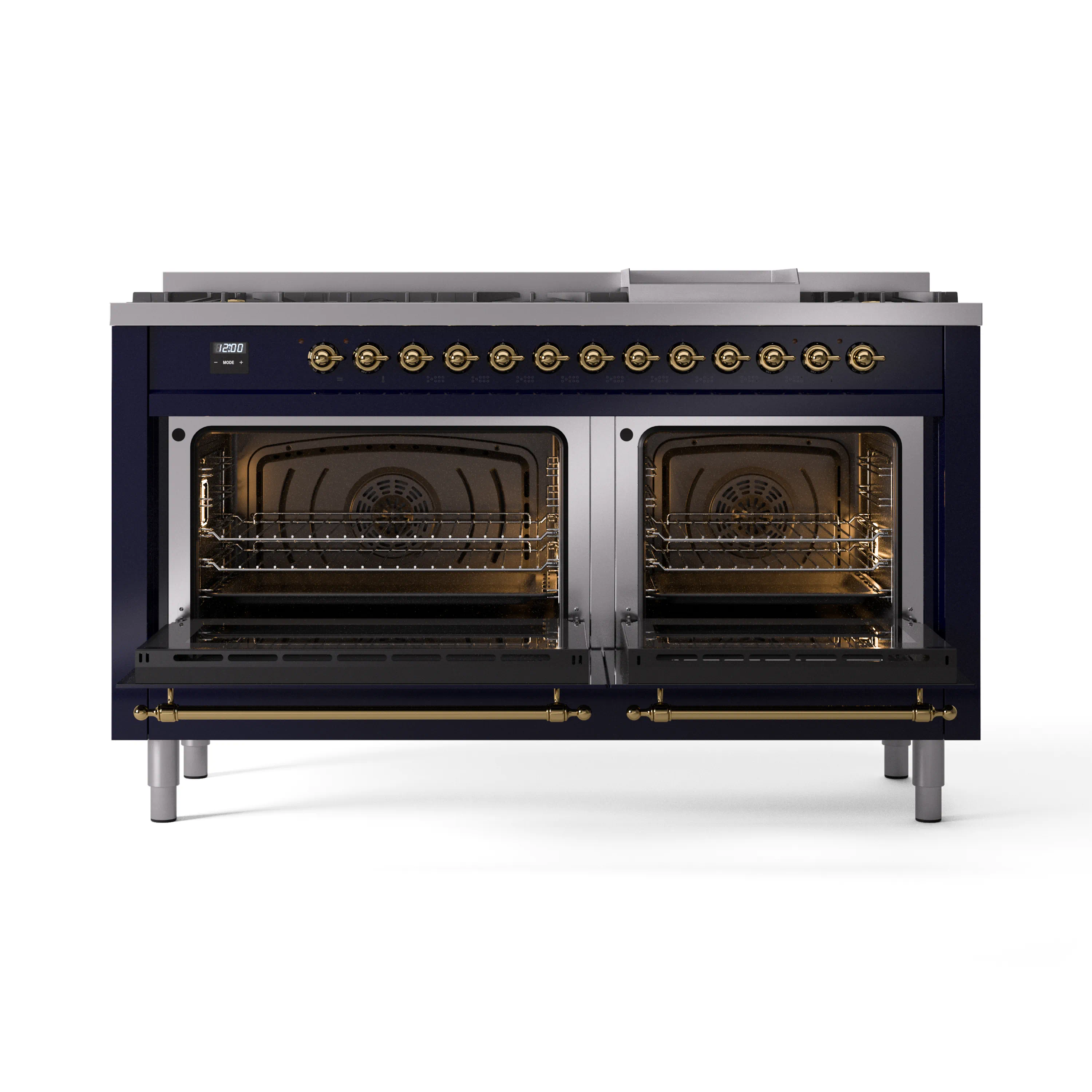 ILVE 60-Inch Nostalgie II Dual Fuel Range with 9 Burners, Griddle and Triple Glass Door Oven in Midnight Blue with Brass Trim (UP60FNMPMBG)