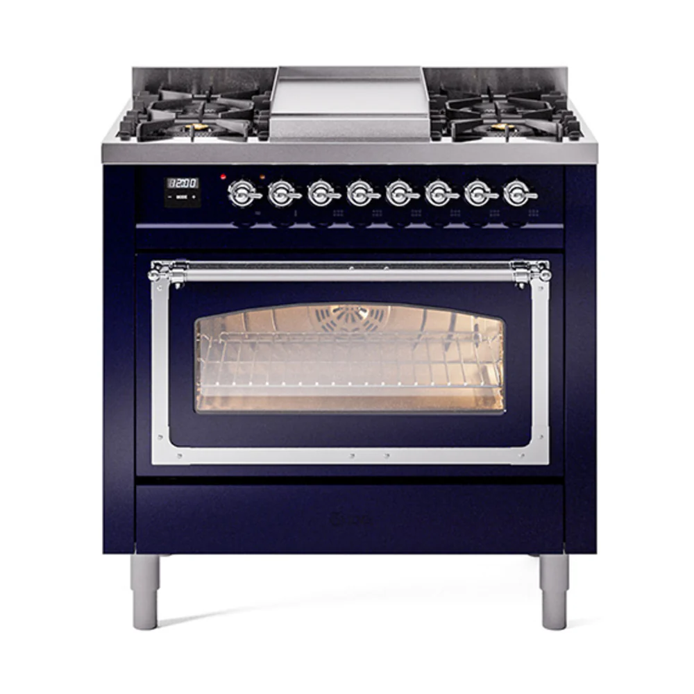 ILVE Nostalgie II Noblesse 36-Inch Dual Fuel Range and Triple Glass Door in Midnight Blue with Chrome Trim (UN36FNMPMBC)