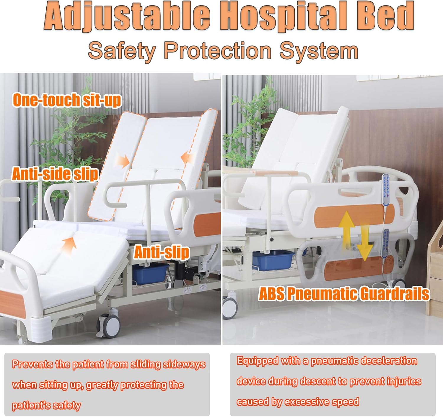 Premium Hospital Bed - 10 Function Full Electric Hospital Bed, 0-45°Timed Side Turn, Electric Medical Bed with Mattress & ABS Rails, Bedpan, Dining Table Board, IV Pole, Casters, Up to 550LBS
