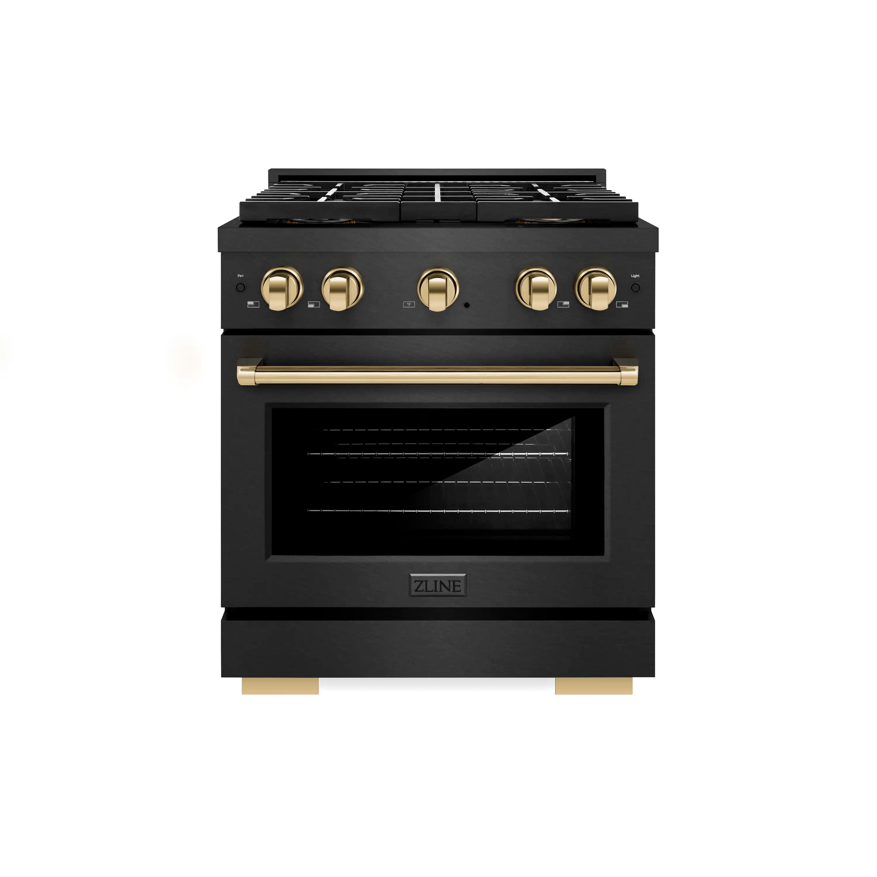 ZLINE Autograph 30-Inch 4.2 Cu. Ft. Paramount Gas Range with 4 Burner DuoPro Cooktop in Black Satin and Gold Accents (PSGRBSZ-30-G)