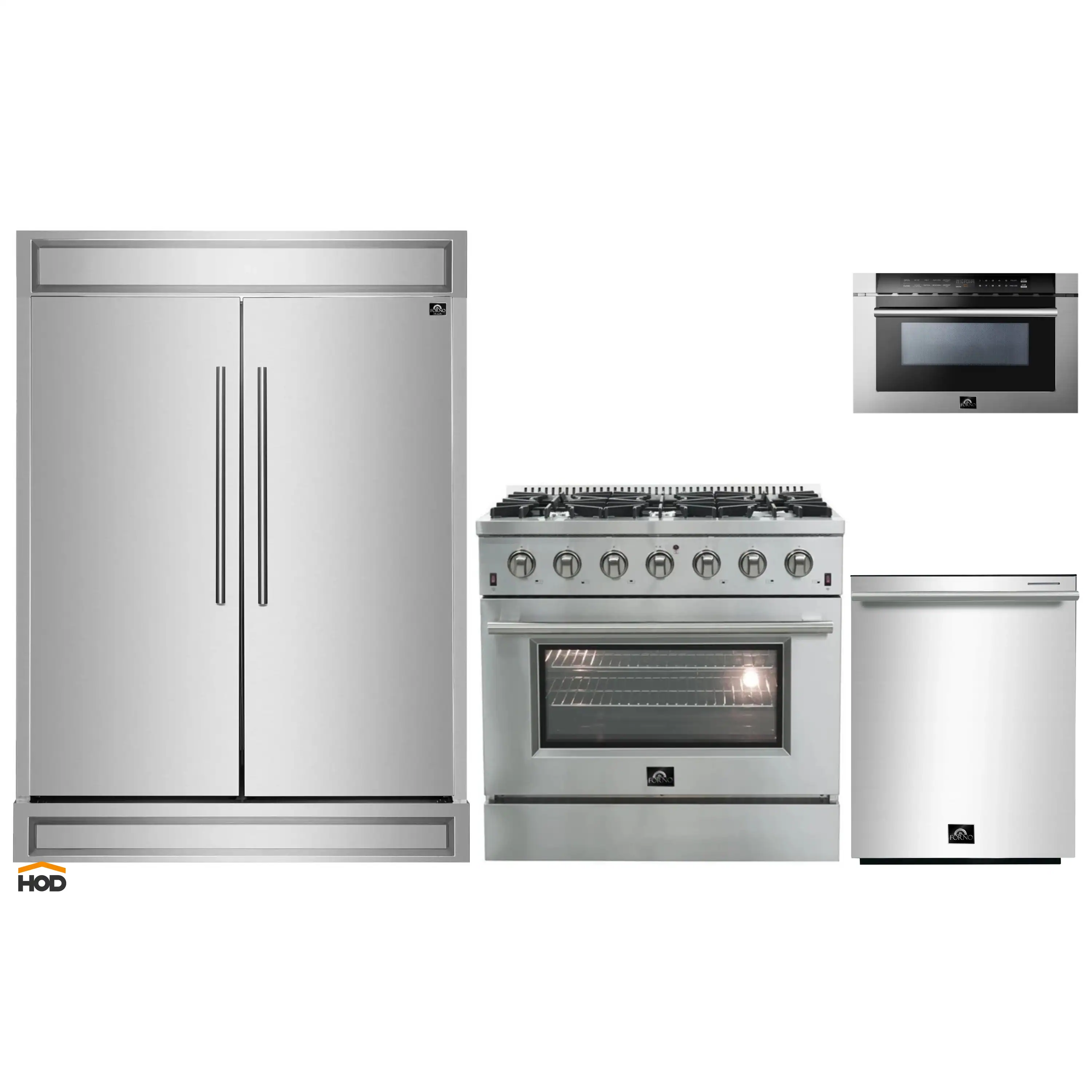 Forno 4-Piece Appliance Package - 36-Inch Gas Range, 60-Inch Refrigerator, 24-Inch Microwave Drawer, & 3-Rack Dishwasher in Stainless Steel