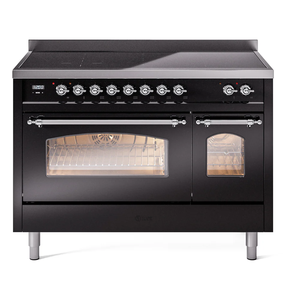 ILVE 48-Inch Nostalgie II Induction Range with Solid Door Oven in Glossy Black with Chrome Trim (UPI486QNMPBKC)