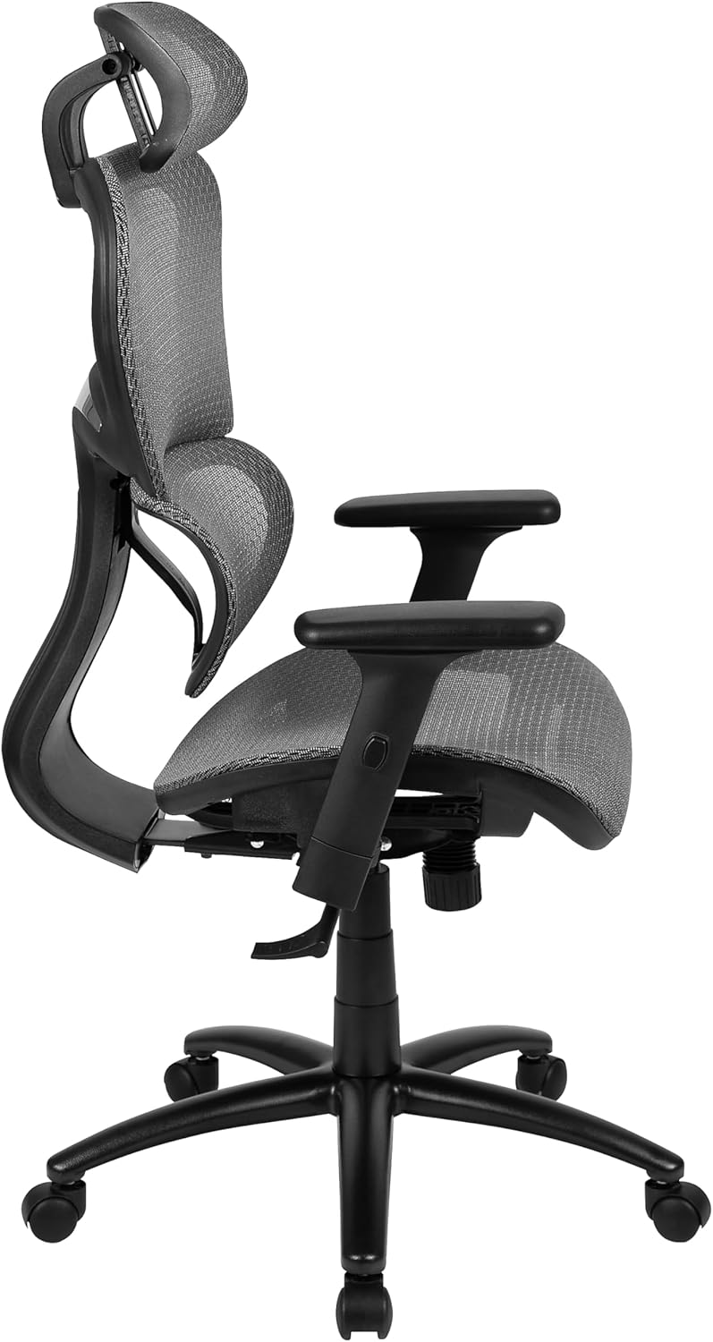 Flash Furniture LO Ergonomic Mesh Office Chair with 2-to-1 Synchro-Tilt, Adjustable Headrest, Lumbar Support, and Adjustable Pivot Arms in Gray