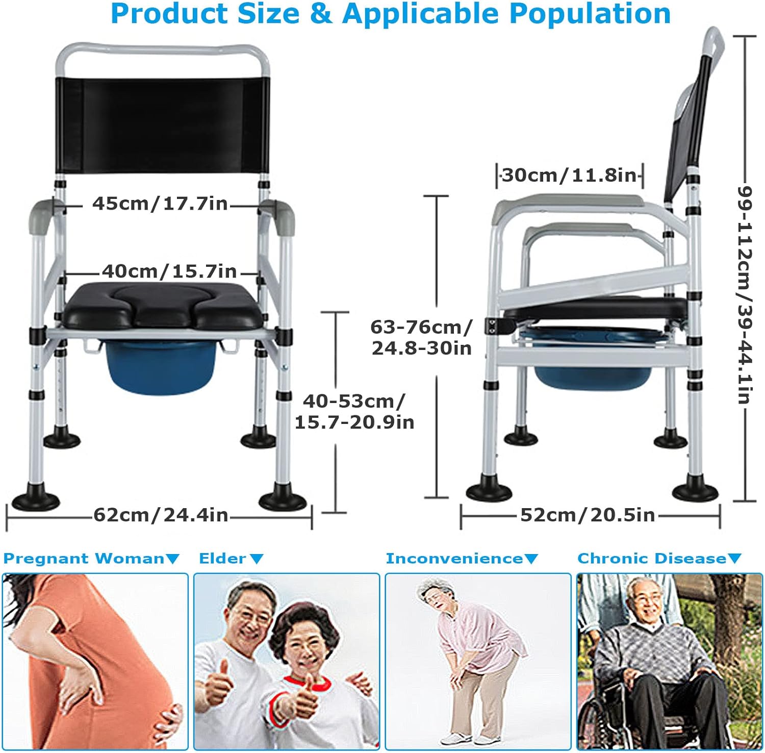 Bedside Commode Toilet Chair Seat with Handles, Height Adjustable Portable Toilets for Seniors Disabilities Elderly Maternity, Supports 300kg