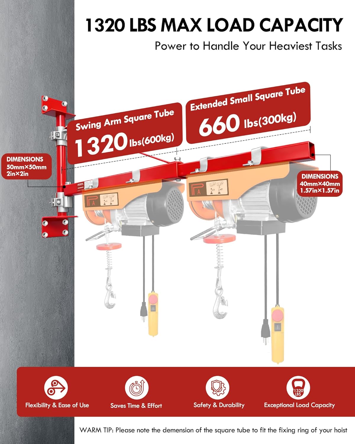 Wall Mount Jib Crane,1320 Lbs Max Load Capacity,Hoist Swing Arm with 180° Swivel Adjustable Pole,Heavy Duty Electric Hoist Support Arm for Hoist, Scaffolding Lift, Workshop, Garage, Warehouses