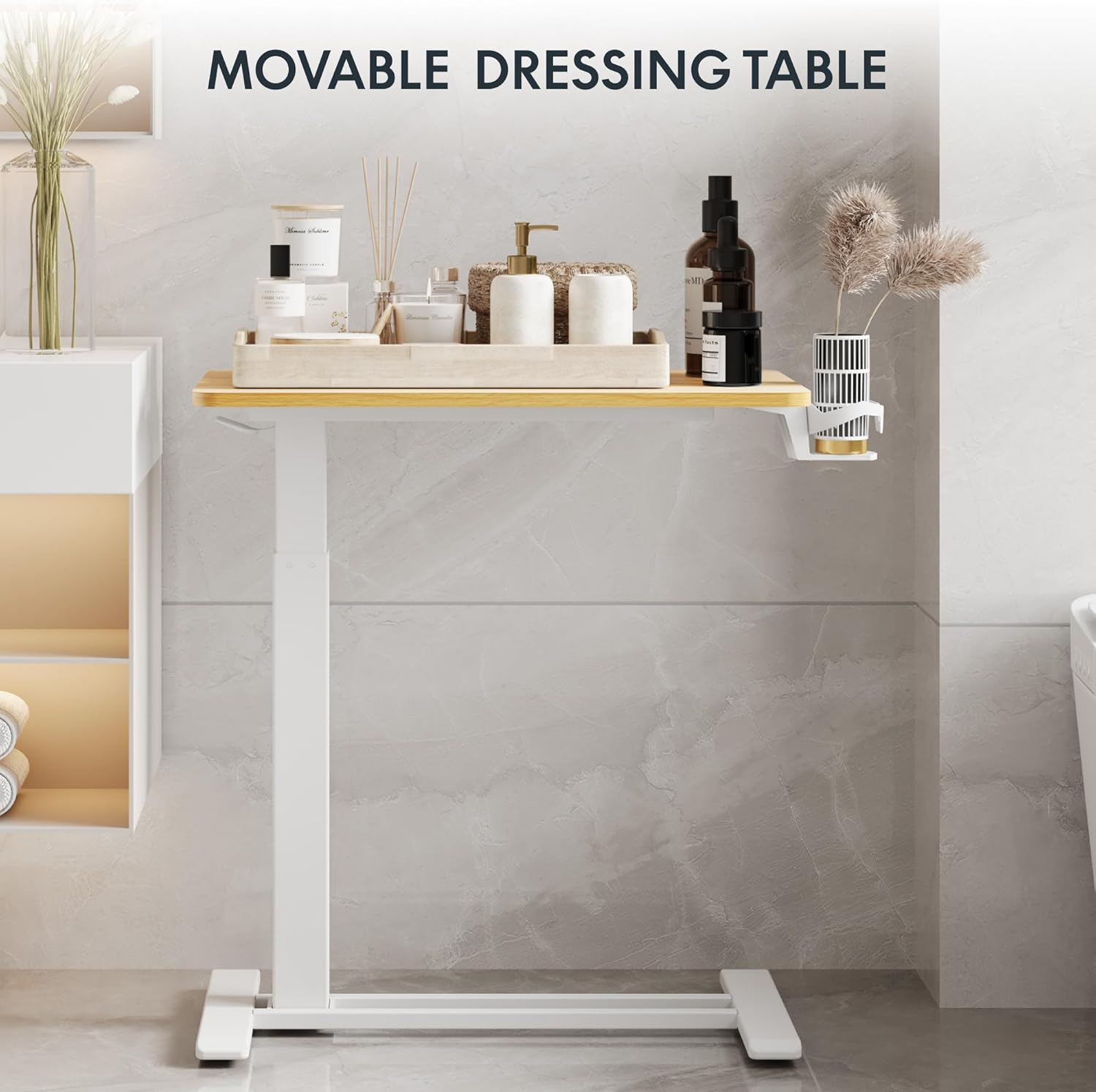 FLEXISPOT H7 Adjustable Overbed Bedside Table with Wheels Pneumatic Mobile Standing Desk Laptop Desk Rolling Computer Cart Movable Overbed Table Hospital Home Use(27.6