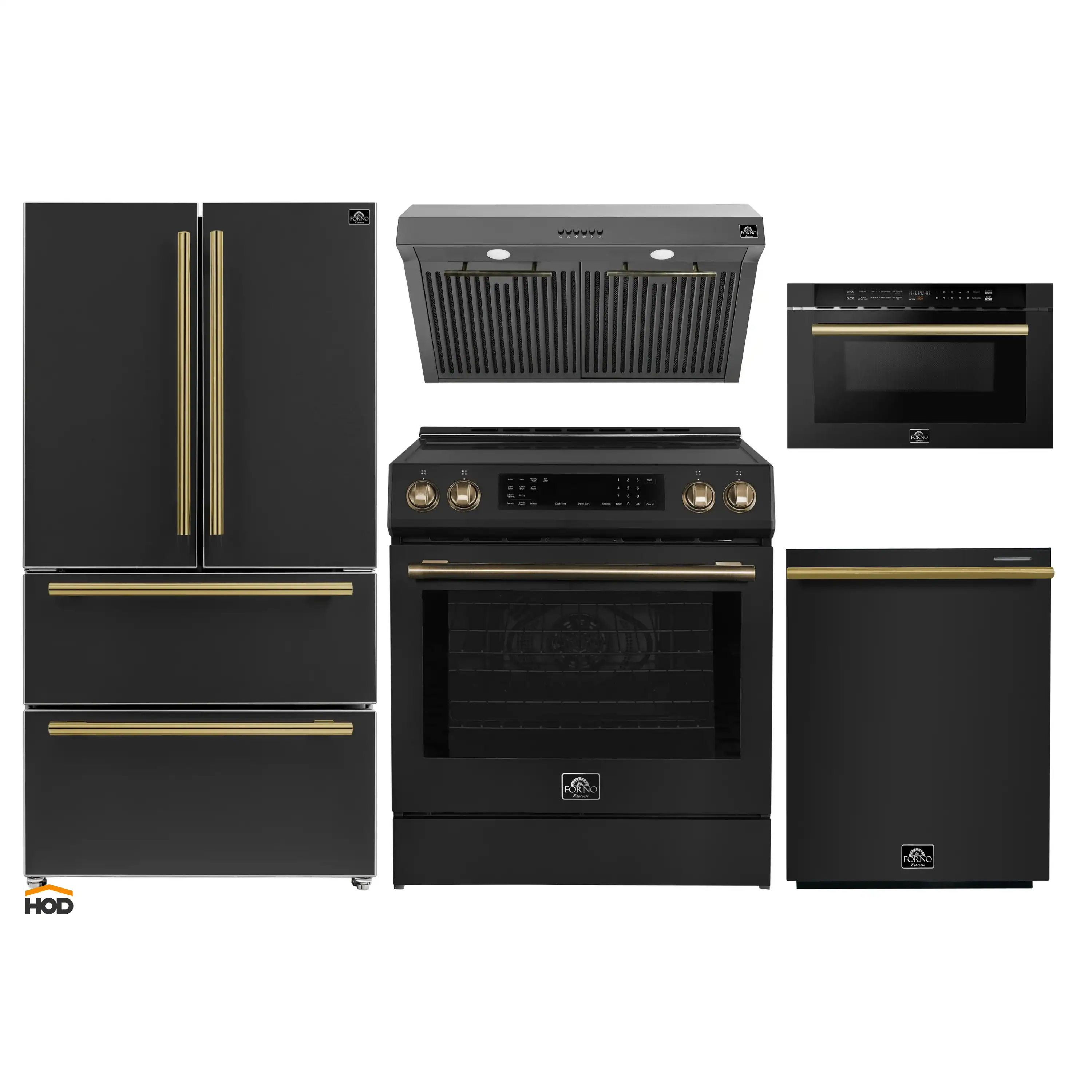 Forno 5-Piece Appliance Package - 30-Inch Induction Range, Under Cabinet Range Hood, Refrigerator, Dishwasher, and  Microwave Drawer in Black with Antique Brass Trim