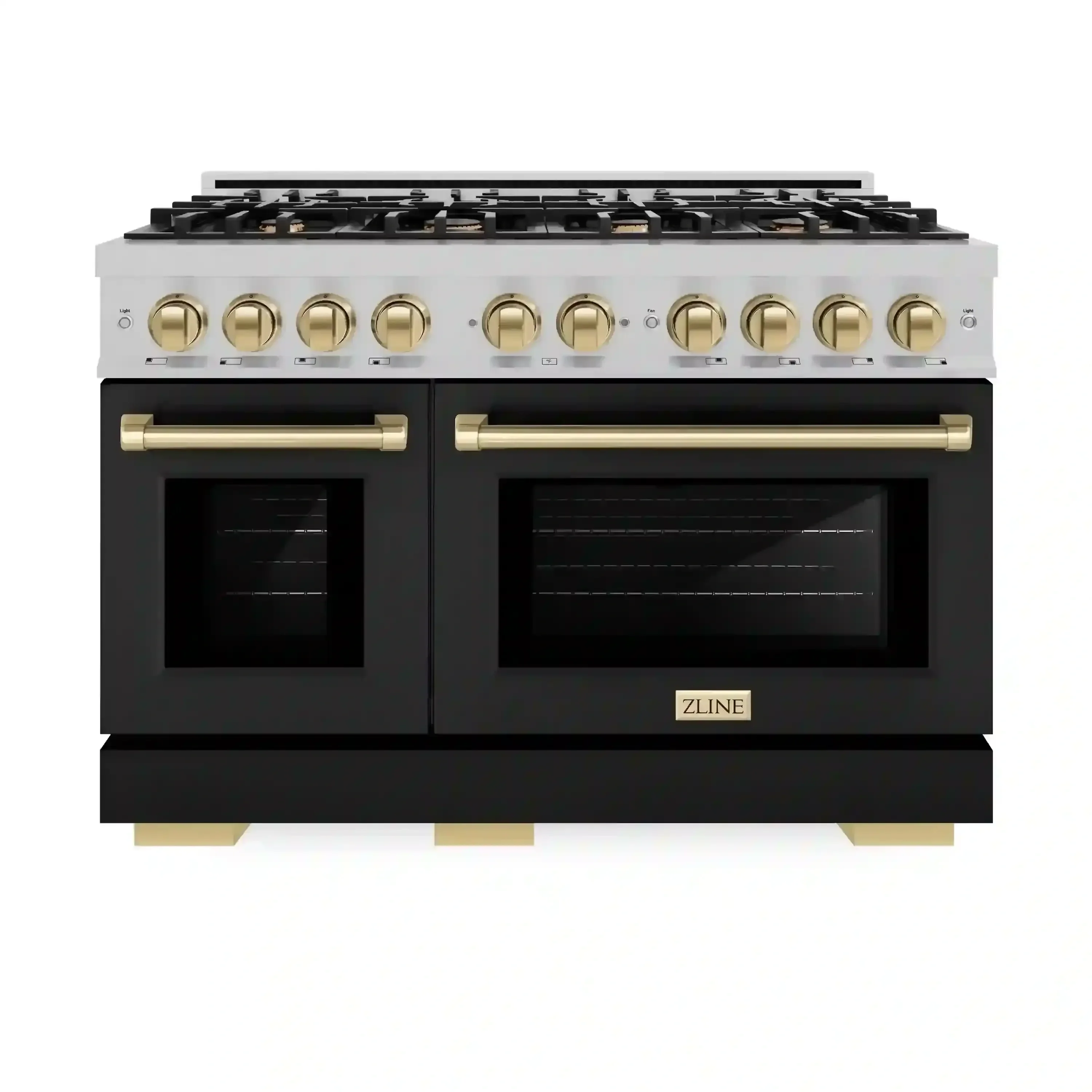 ZLINE Autograph Edition 48-Inch Select Series Double Oven Dual Fuel Range with 8 Gas Burner Cooktop and  6.7 Cu. Ft. Electric Convection Oven in Satin Stainless Steel with Black Matte Doors and Champagne Bronze Accents (HDRSZ-BLM-48-CB)