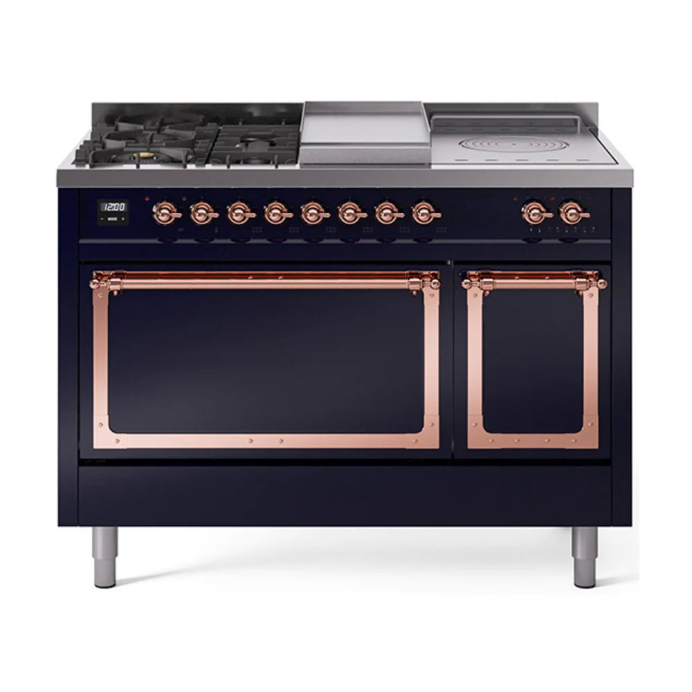 ILVE 48-Inch Nostalgie II Noblesse Dual Fuel Range with 5 Sealed Burners, Griddle, French Top and Solid Door Oven in Midnight Blue with Copper Trim (UN48FSQNMPMBP)