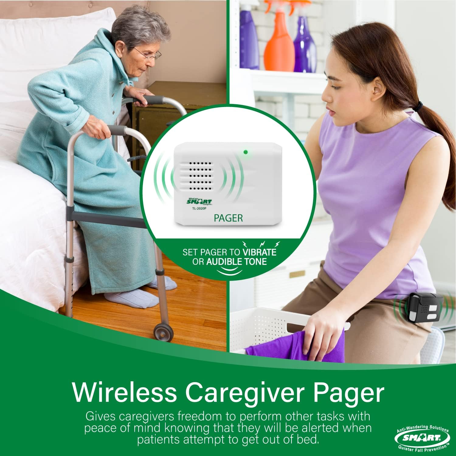 Smart Caregiver Bed Exit Alarm with Wireless Pager - Early Alert Fall Prevention for Seniors and Elderly - Weight Sensing Bed Pad Alerts Caregiver When They Get Up - USA Company and Customer Service