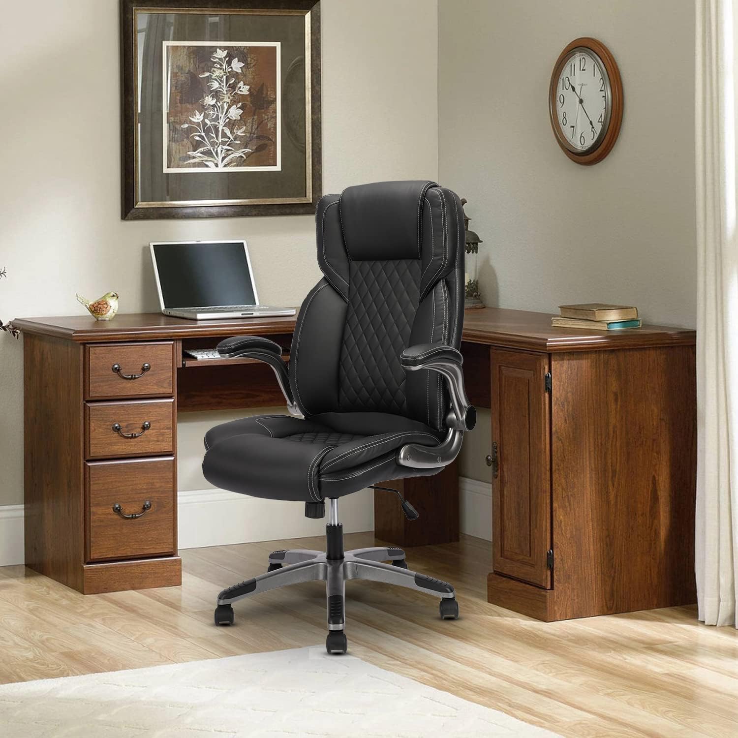 Executive PU Leather Office Chair with Wheels, High Back Ergonomic Lumbar Support Office Chairs, 90-120° Rocking Home Desk Chair with Flip up Arms, Back Support Swivel Chair(Black)