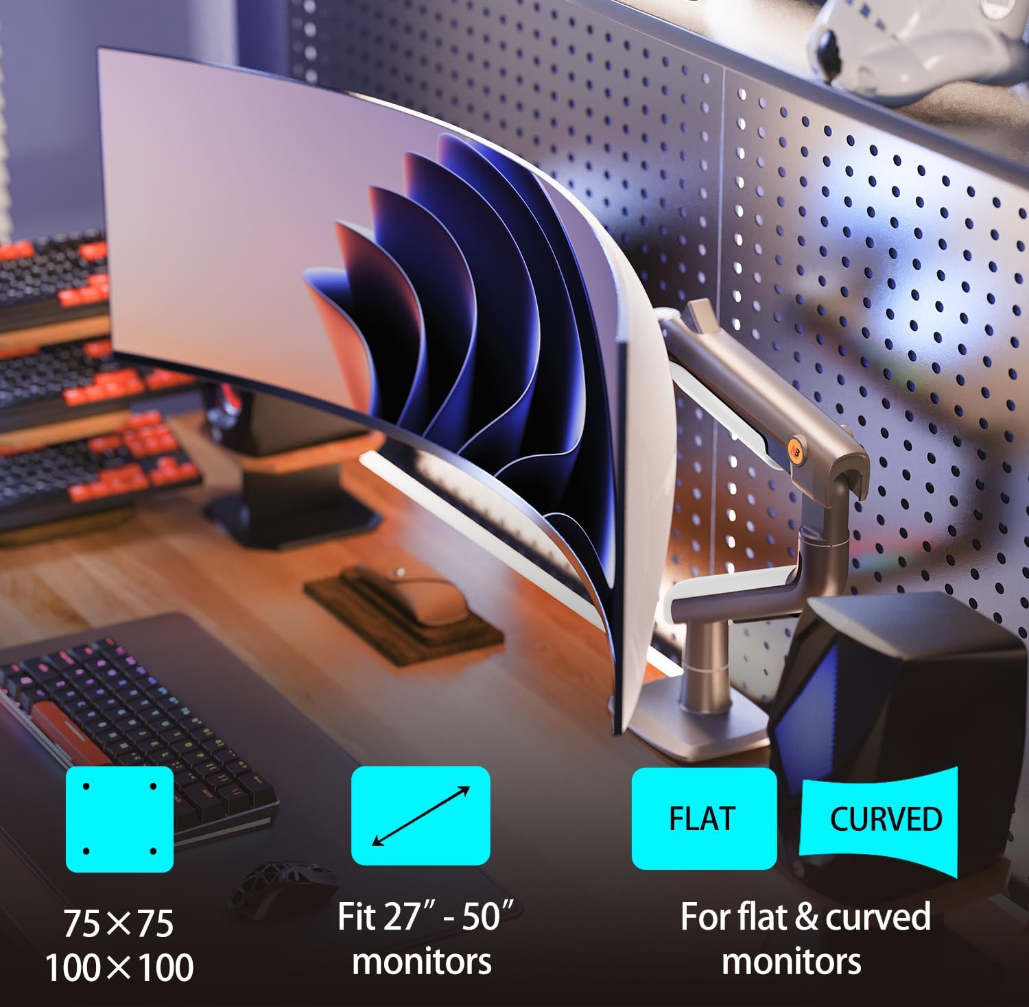 Gaming Monitor Arm for Flat/Ultrawide/Curved Monitors 27'' to 50 inch, Heavy Duty Monitor Mount Load up to 18 kg, VESA 75/100 mm J5