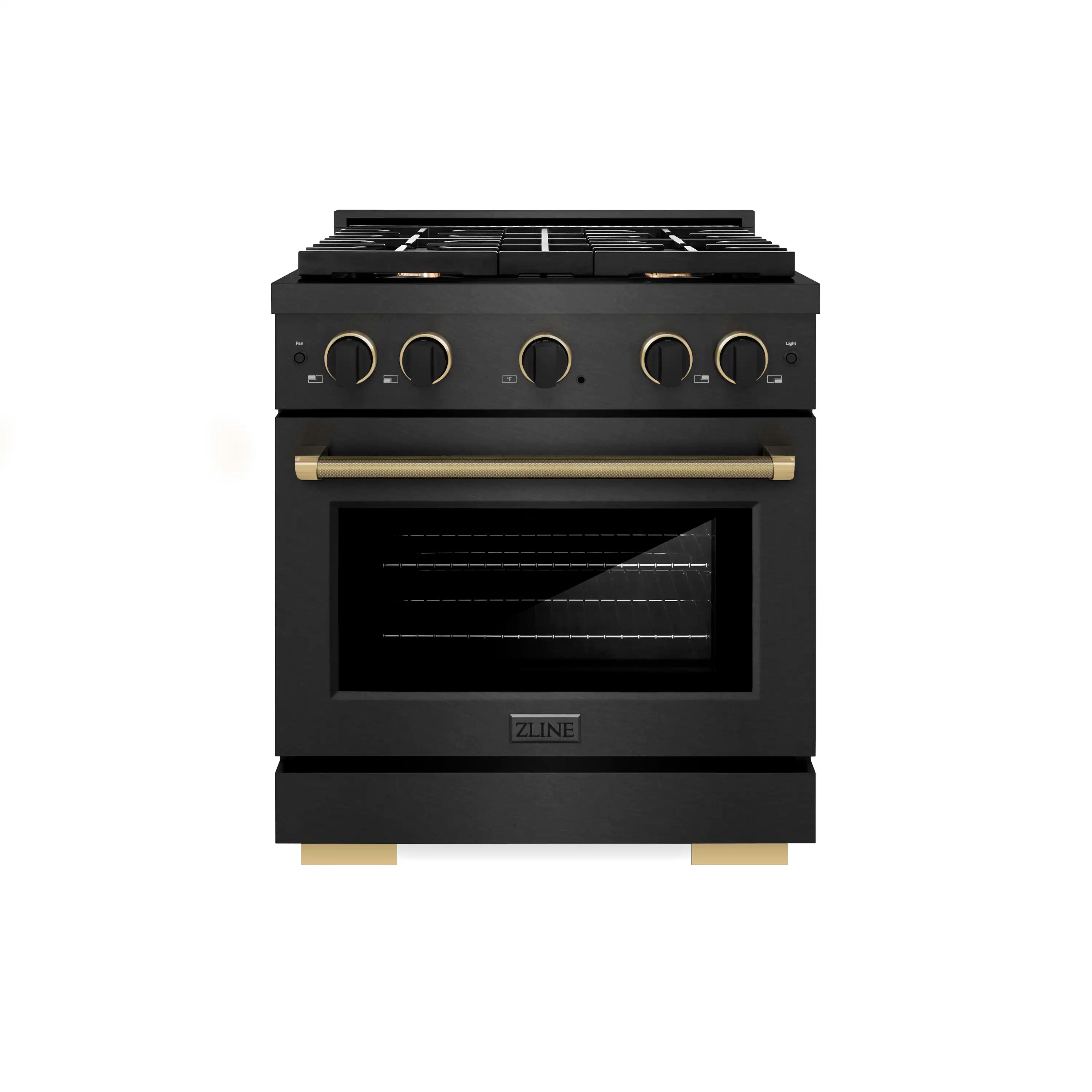 ZLINE Designer 30-Inch 4.2 Cu. Ft. Dual Fuel Range with 4 Burner Gas Cooktop in Black Satin with Black and Champagne Bronze Helix Handle (SDRBSZ-30-MBCB)