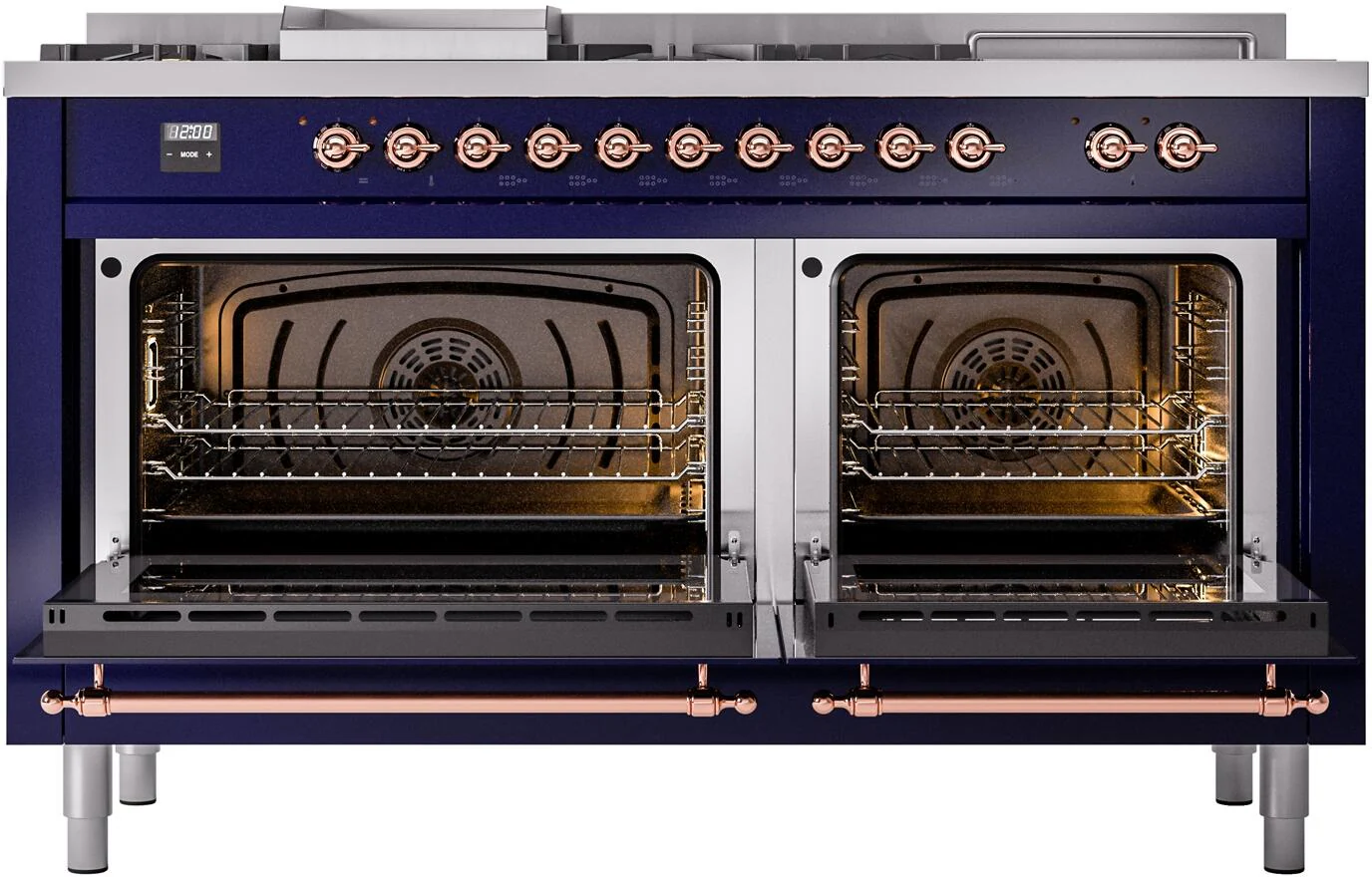 ILVE Nostalgie II 60-Inch Dual Fuel Range with 7 Burners, Griddle, & French Top with Triple Glass Door Oven in Midnight Blue with Copper Trim (UP60FSNMPMBP)