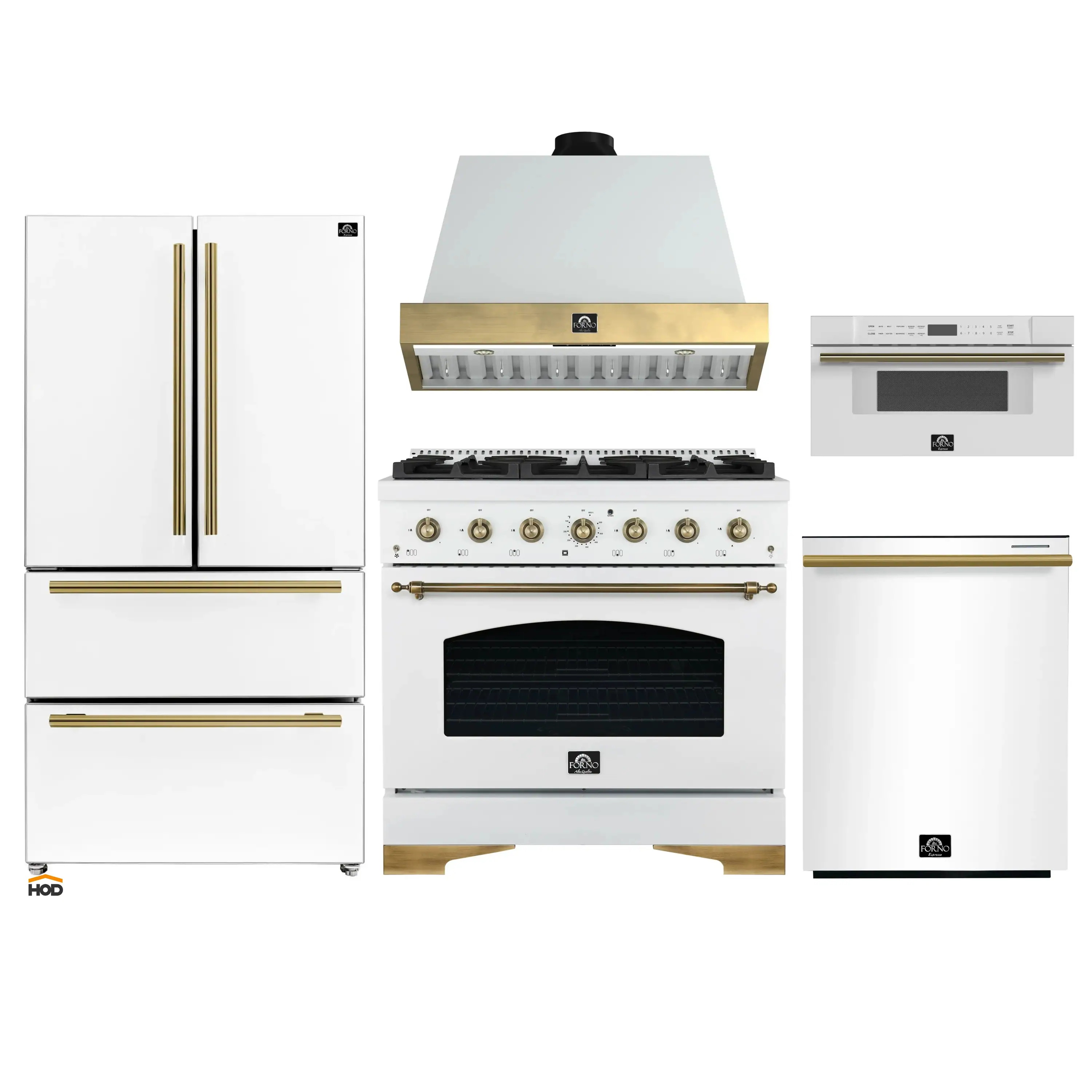 Forno Antico 5-Piece Appliance Package - 36-Inch Gas Range, 36-Inch Hood, 36-Inch Refrigerator, 24-Inch Dishwasher, & 30-Inch Microwave Drawer in White with Antique Brass Trim