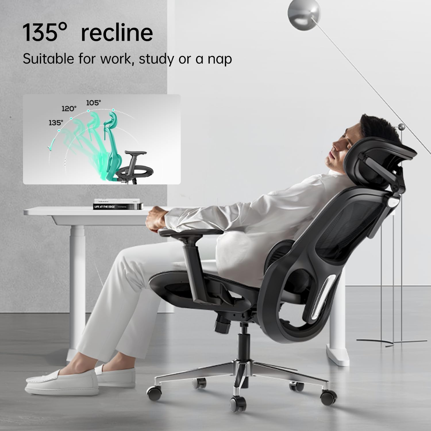 Hbada P2 Ergonomic Office Chair, Office Chair with 3D Lumbar Support, Mesh Chairs with 3D 360° Rotation Arms, 3D Headrest & Comfortable Seat, 135° Stepless Tilt Function, Black