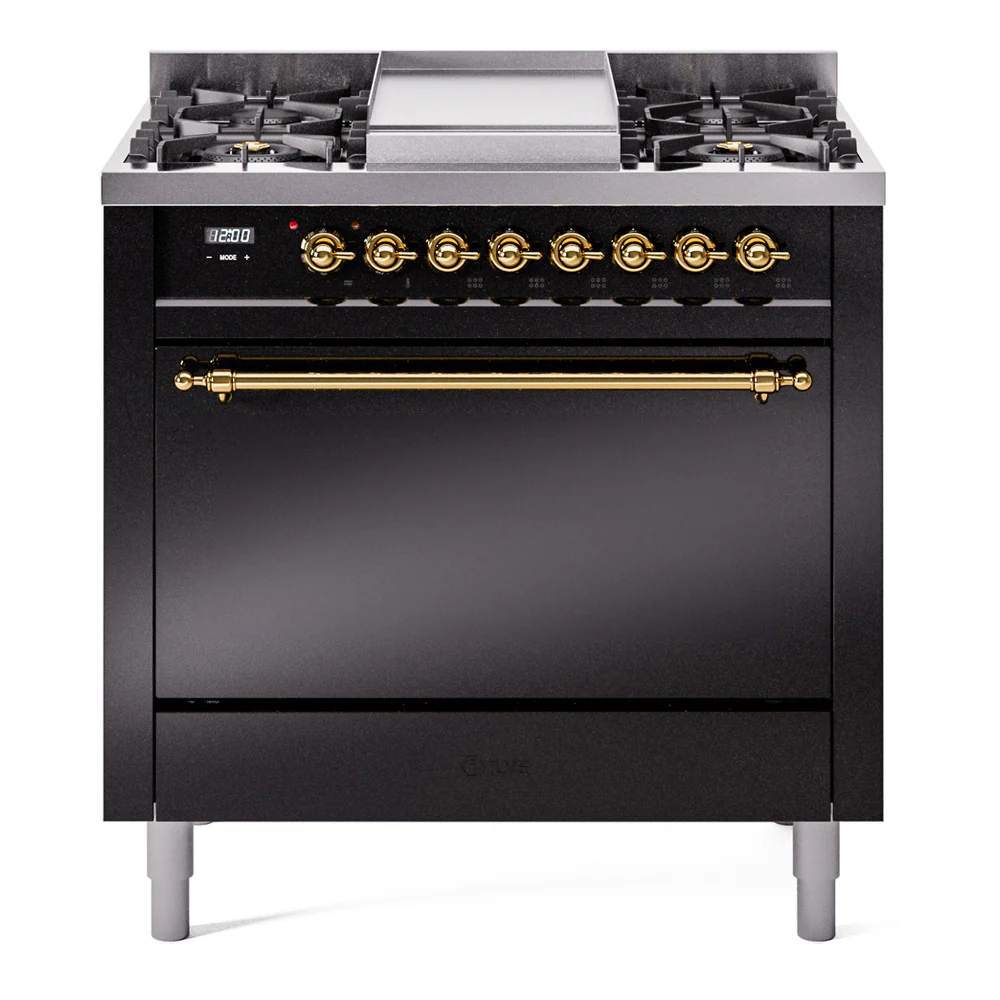 ILVE 36-Inch Nostalgie II Dual Fuel Range with 6 Burners and Solid Door Oven in Glossy Black with Brass Trim (UP36FQNMPBKG)