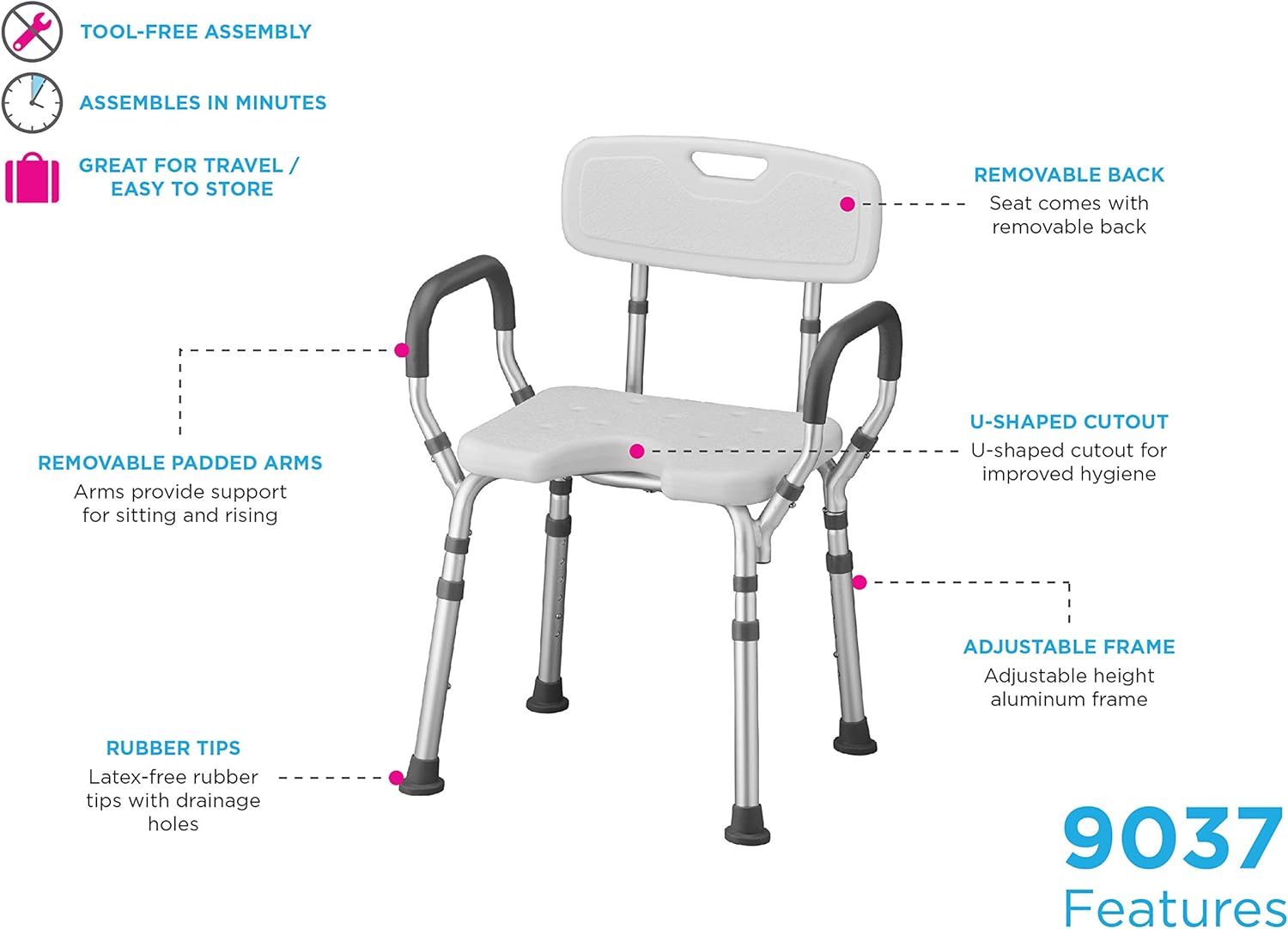 NOVA Medical Products Shower & Bath Chair with Back & Arms & Hygienic Design, White, 1 Count
