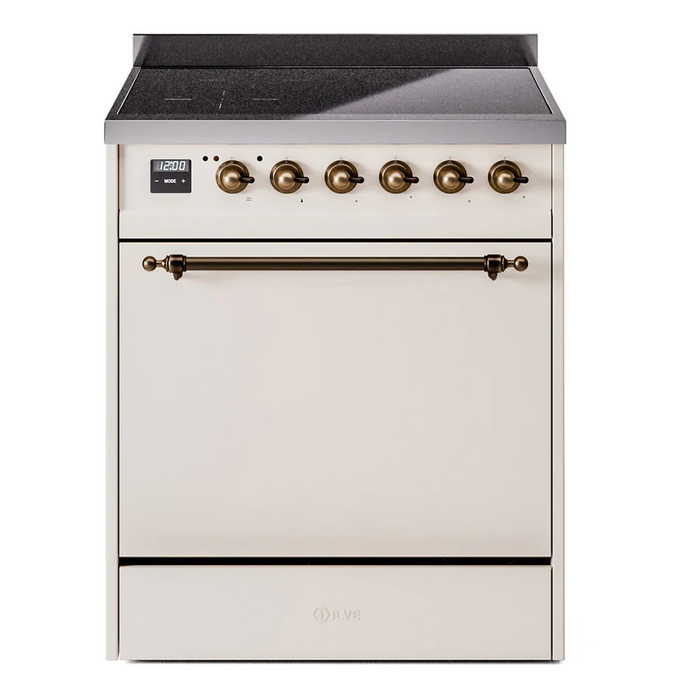 ILVE 30-Inch Nostalgie II Induction Range with Solid Door Oven in Antique White with Bronze Trim (UPI304QNMPAWB)
