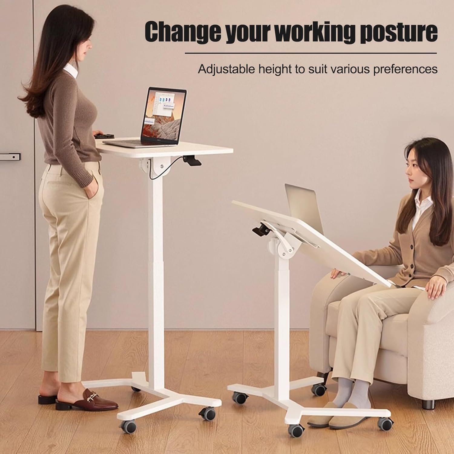 HARELA Adjustable Tilt Overbed Bedside Table with Wheels, Pneumatic Moveable Bed Desk Mobile Standing Stand Up Rolling Laptop Desks for Home Office Hospital Use